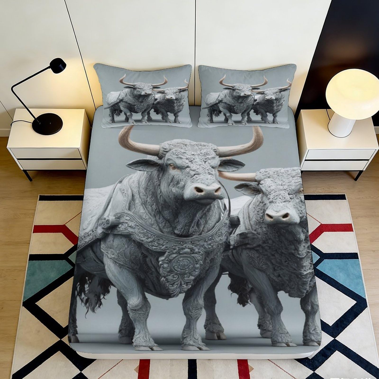 Jqzkxnhpbr Style-2 3D Printed Bull Animal Fitted Sheet Microfiber Soft Anti-Slip Western Cattle Mattress Cover For Bedroom Decor 90X200x25cm