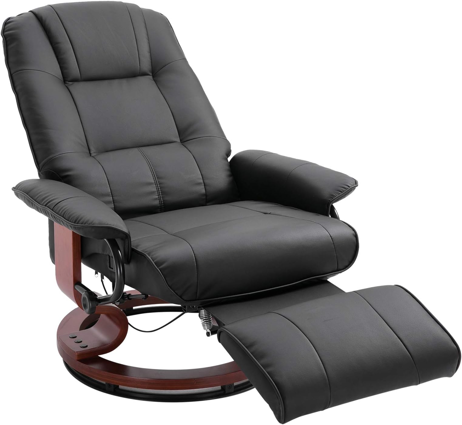 HOMCOM Swivel Recliner Chair, PU Leather Reclining Armchair with Retractable Footrest, Lounge Chair with Wood Base and Adjustable High Back for Small Spaces, Living Room, RV, Bedroom, Black