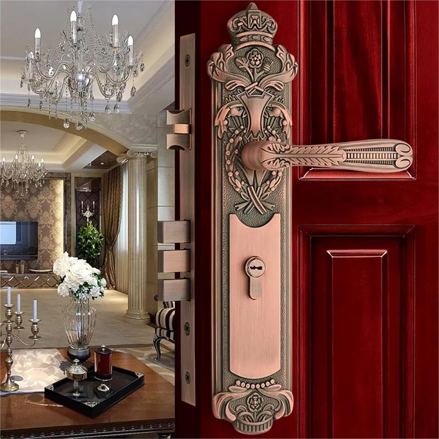 Luxury Brass Gate Lock Europen Entrance Door Locks Golden Handle Lockset Bedroom Security Locksets Multi Color for Option(Yellow Bronze)