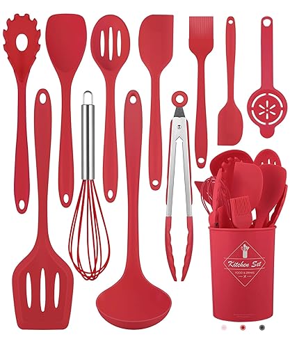 Pranski Kitchen Utensils Set-12 Pieces Silicone Cooking Utensils Set (Dishwasher Safe) 392°F Heat Resistant Spatula Set, Nonstick Cookware - Red