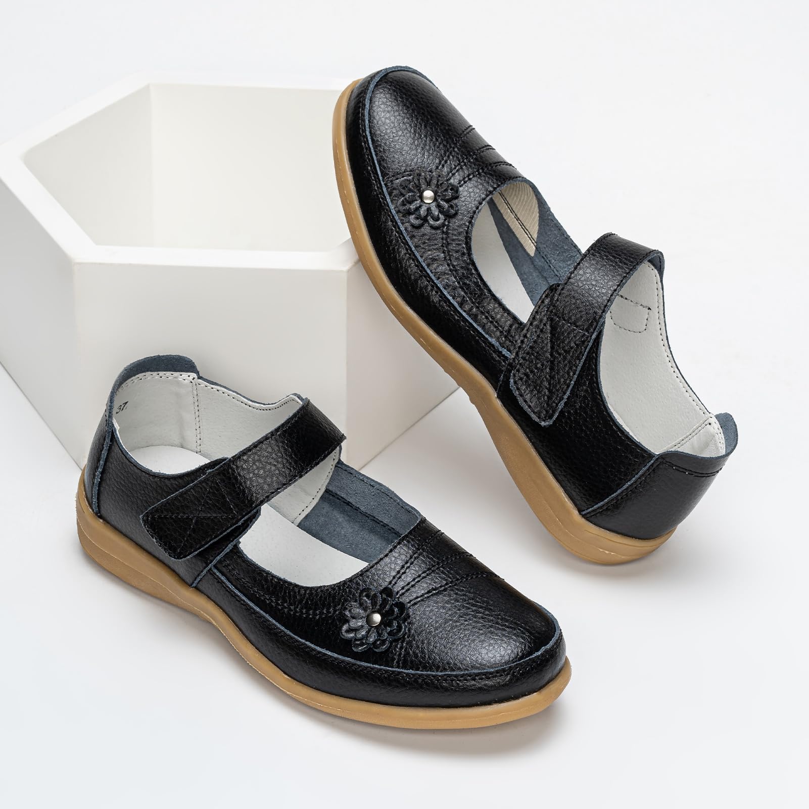 Chaussures Mary Jane en cuir pour femme - Noir - Coupe large - Chaussures plates - Style décontracté - Pour le travail, le bureau, les infirmières