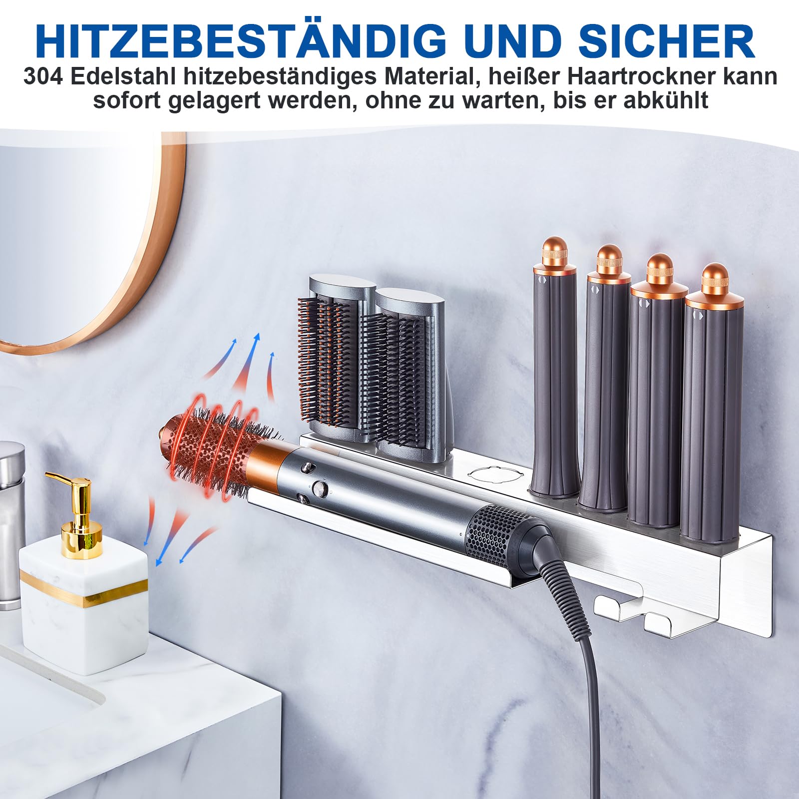 Fönhalter Ohne Bohren, Edelstahl Föhn und Glätteisen Wand Halterung, 7 In 1 Lockenstab Zubehör Wandhalterung Halterung für Haus Bad Veranstalter (Silber)