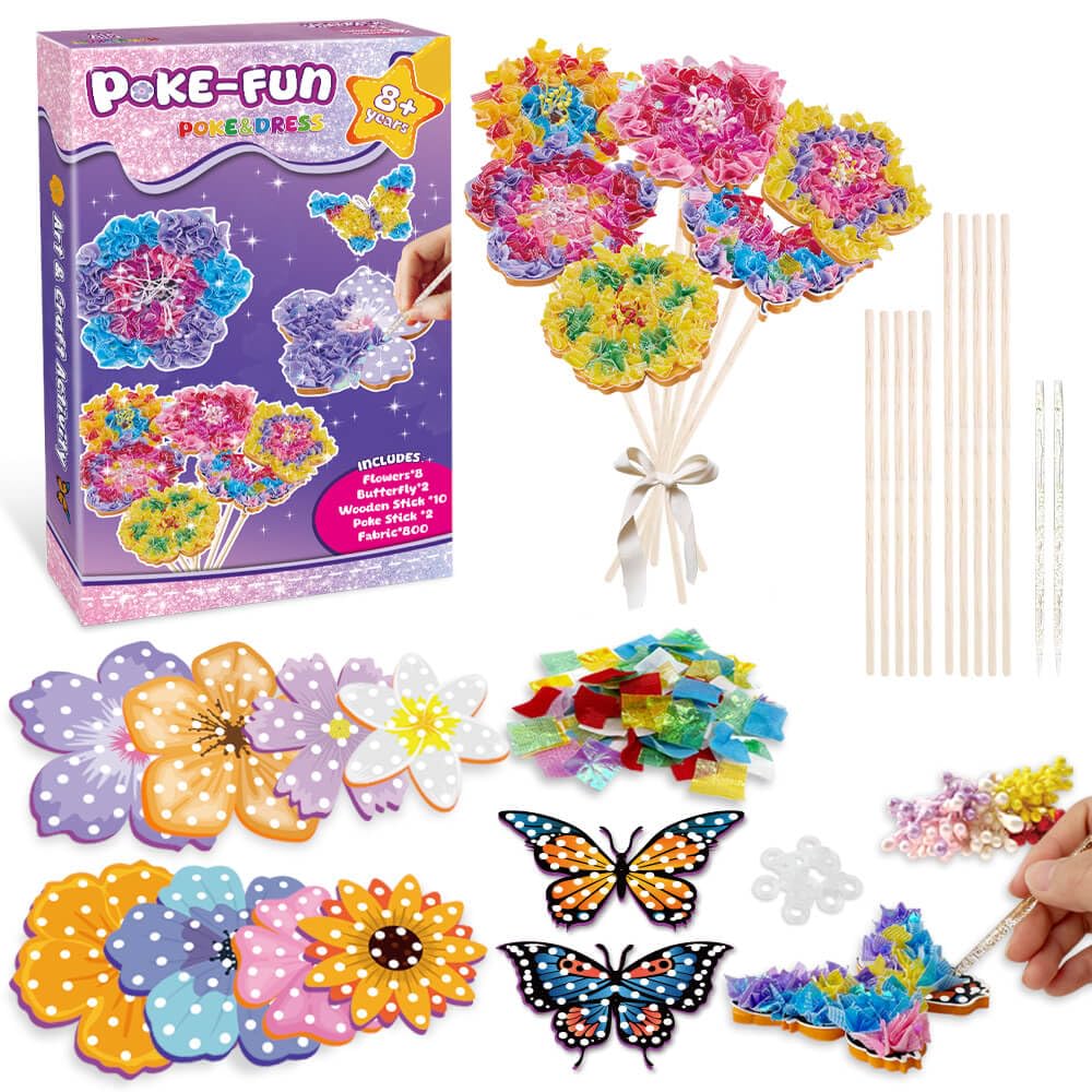 Britik Arts and Crafts for Kids Ages 8-12: Poke in Fun Art Kits for Girls, Poke Art Flower Bouquet Craft Kit, Fabric Arts for Kids DIY Flower Bouquet