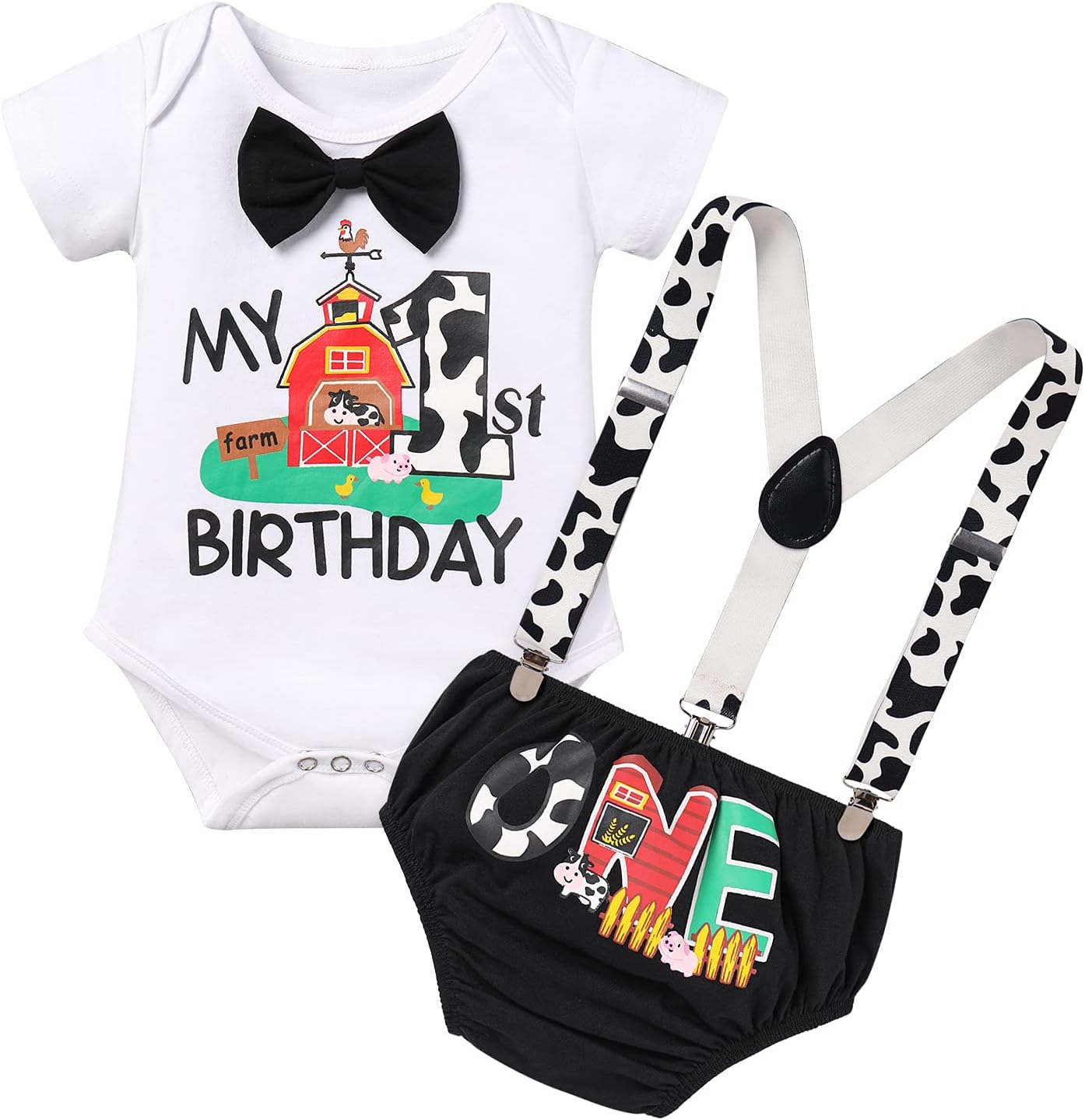 IMEKIS Baby Boys Farm Animals 1st Birthday Outfit Cake Smash Romper with Suspenders Shorts Photo Shoot