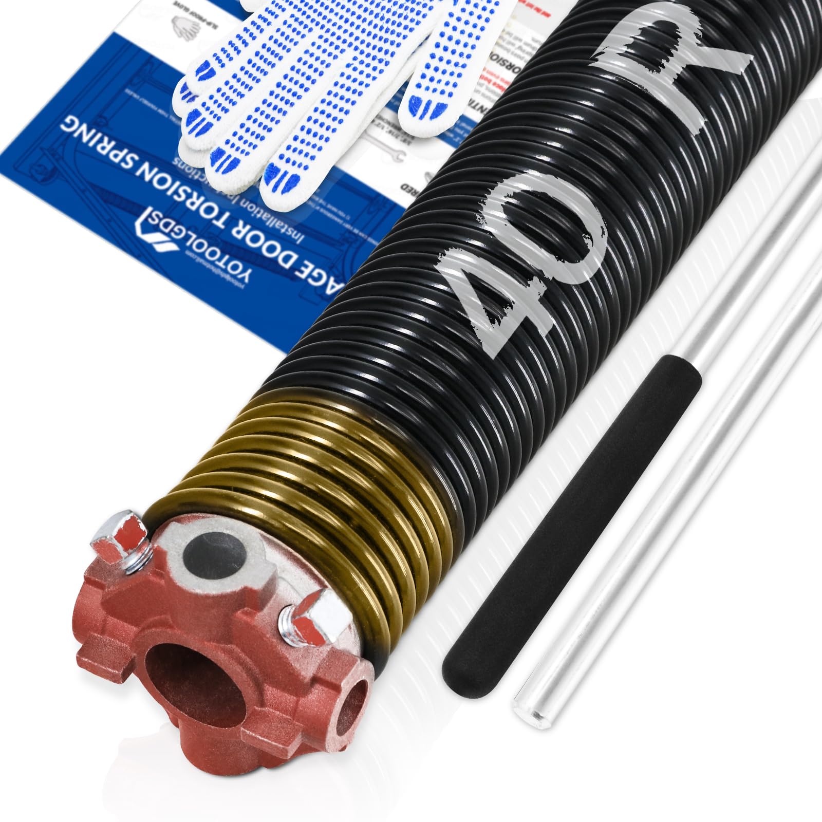YoToolGDS Right Hand Wind（Red Cone）2" Garage Door Torsion Spring with Non-Slip Winding Bars & Gloves, High Precision Electrophoresis Black Coated, for