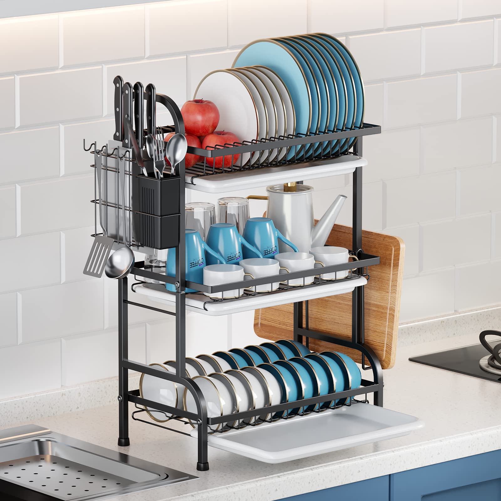 DUANFEE Dish Drying Rack for Kitchen, 3 Tier Dish Racks for Kitchen Counter, Dish Drainers Stainless Steel Drying Rack with Drainboard Dish Strainers with Cutting Board Holder for Countertop Organizer