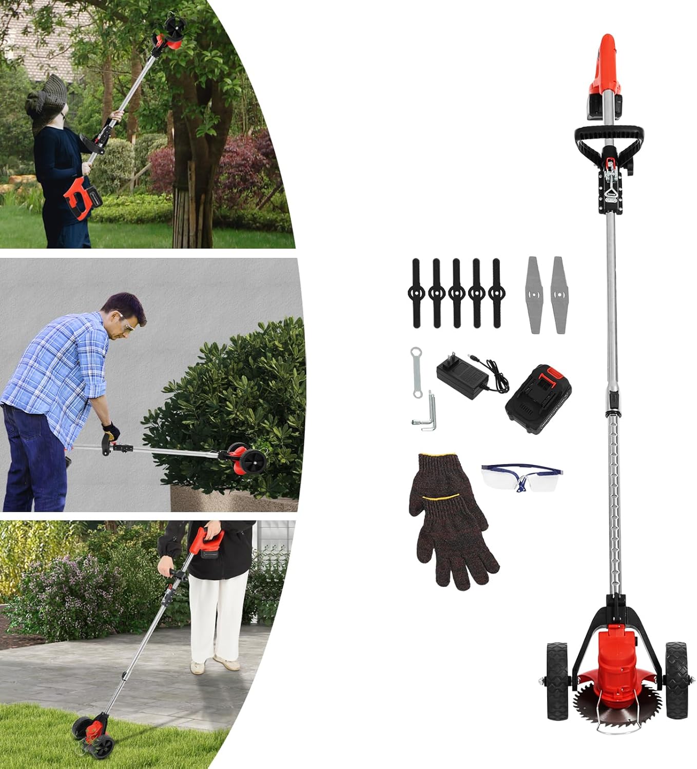 800W 21V Cordless Weed Trimmer Electric Lawn Mower Lawn Trimmer Telescopic Pole Lawn Edger Handheld Weed Wacker for Garden Yard, Battery Powered