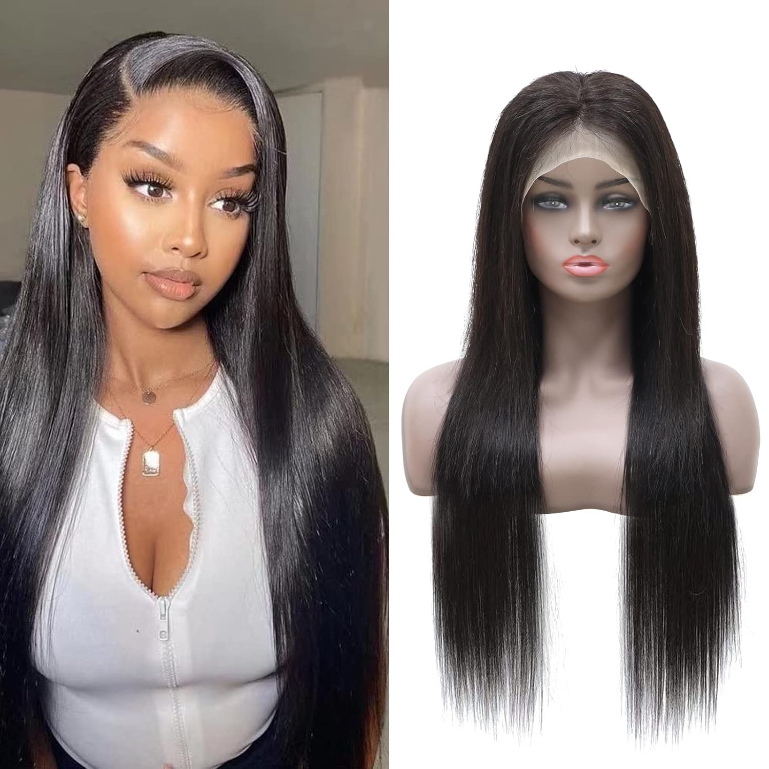Straight Lace Front Wigs, 13x4 HD Transparent Straight Lace Frontal Wigs Human Hair with Baby Hair 180% Density Bleached Knots Virgin Glueless Human Hair Wigs (Black, 28 inch)
