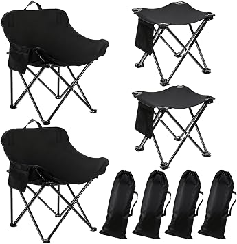 2 Pack Portable Ultralight Folding Camping Chair and 2 Pack Folding Camping Stools with Carry Bag for Outdoor Hiking Fishing Mountaineering Lawn Picnic Beach TravelBlack