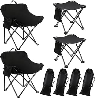 Seeloowy 2 Pack Portable Ultralight Folding Camping Chair and 2 Pack Folding Camping Stools with Carry Bag for Outdoor Hiking Fishing Mountaineering Lawn Picnic Beach Travel(Black)