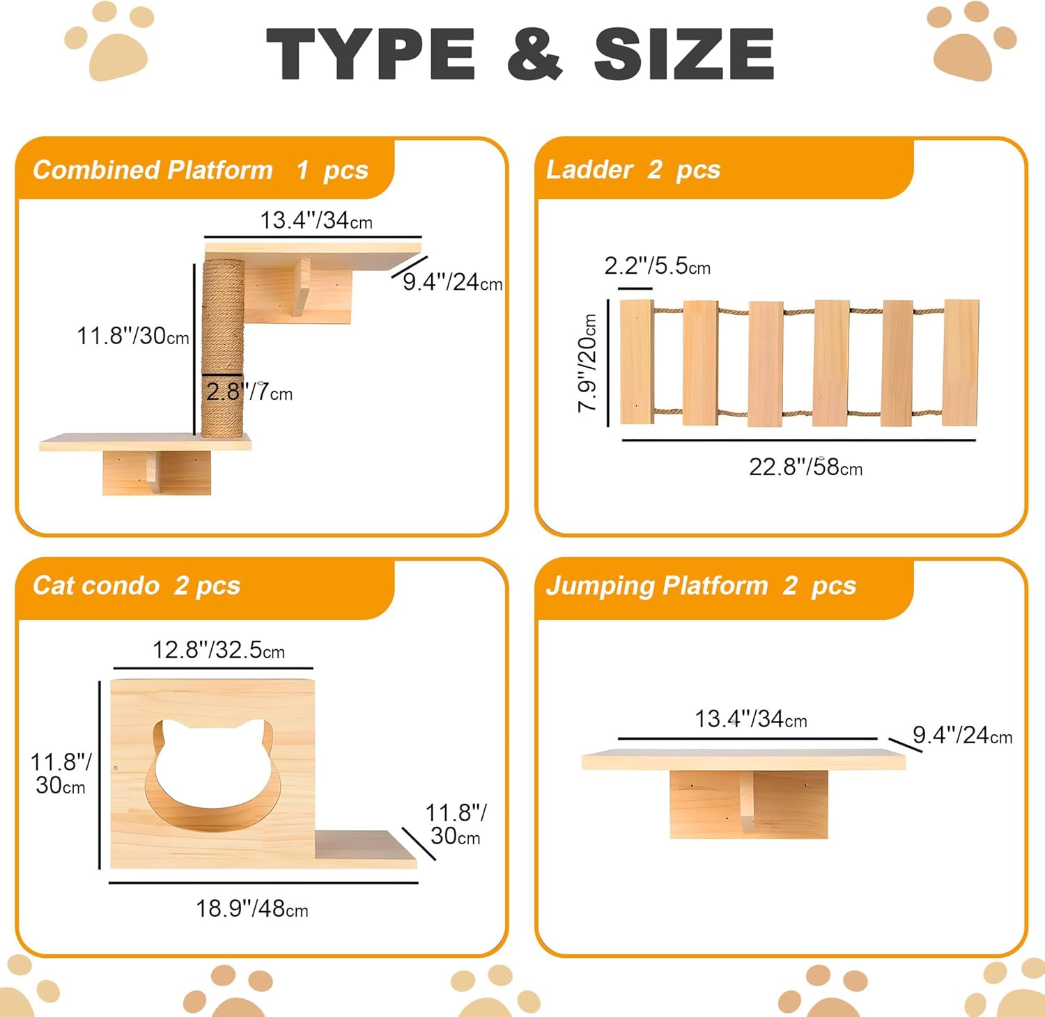 Cat Wall Shelves and Perches, Pine Wooden Cat Wall Furniture Climbing Shelves with Climber, Condo, Scratching Post, Ladder & Platform