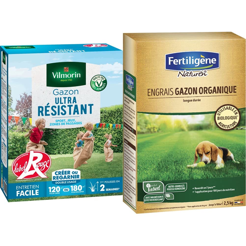 Gazon ultra résistant Vilmorin avec engrais organique Naturen pour pelouse parfaite
