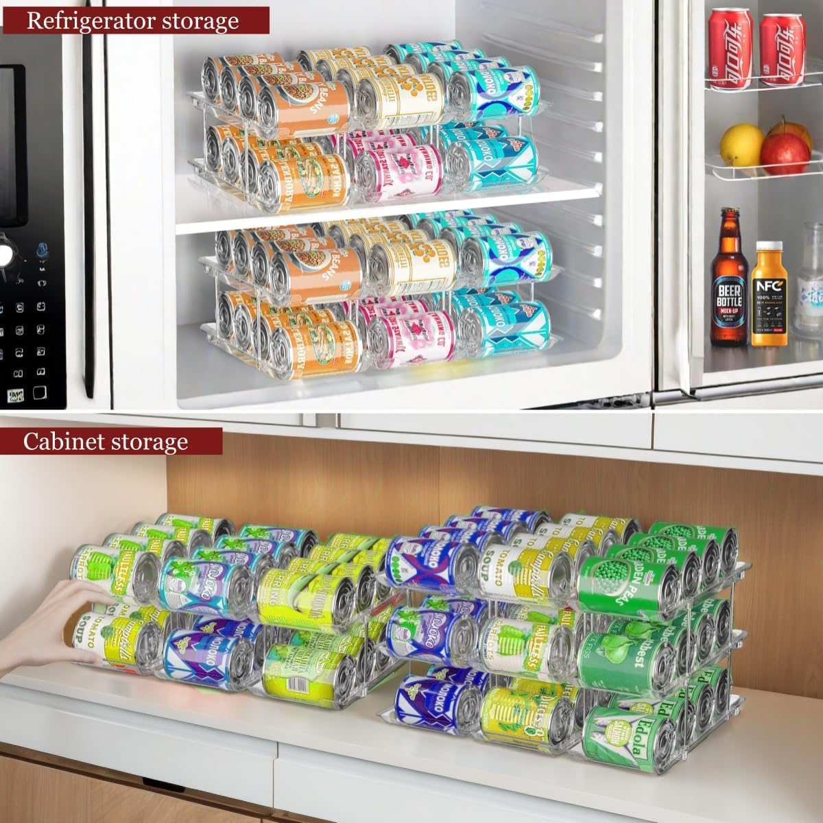 Organizador de latas para despensa, 3 juegos de 4 niveles, organizador de latas de refresco para refrigerador, estante de 36 latas, organizador automático apilable de alimentos enlatados, transparente