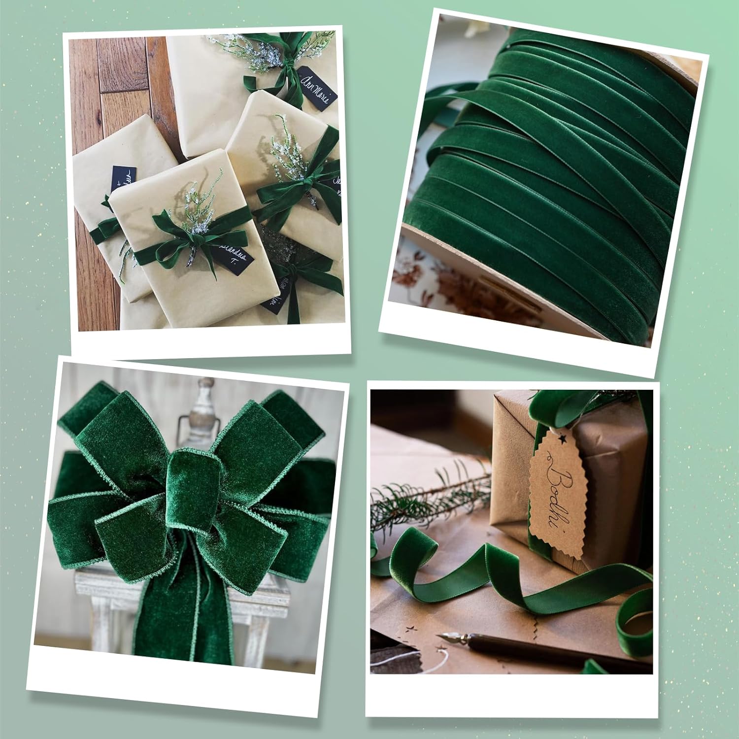 10mm 25 Yards Christmas Velvet Ribbon Green Velvet Christmas Ribbons for Christmas Crafts Gift Packaging Wedding Decor Xmas Wrapping Decorations