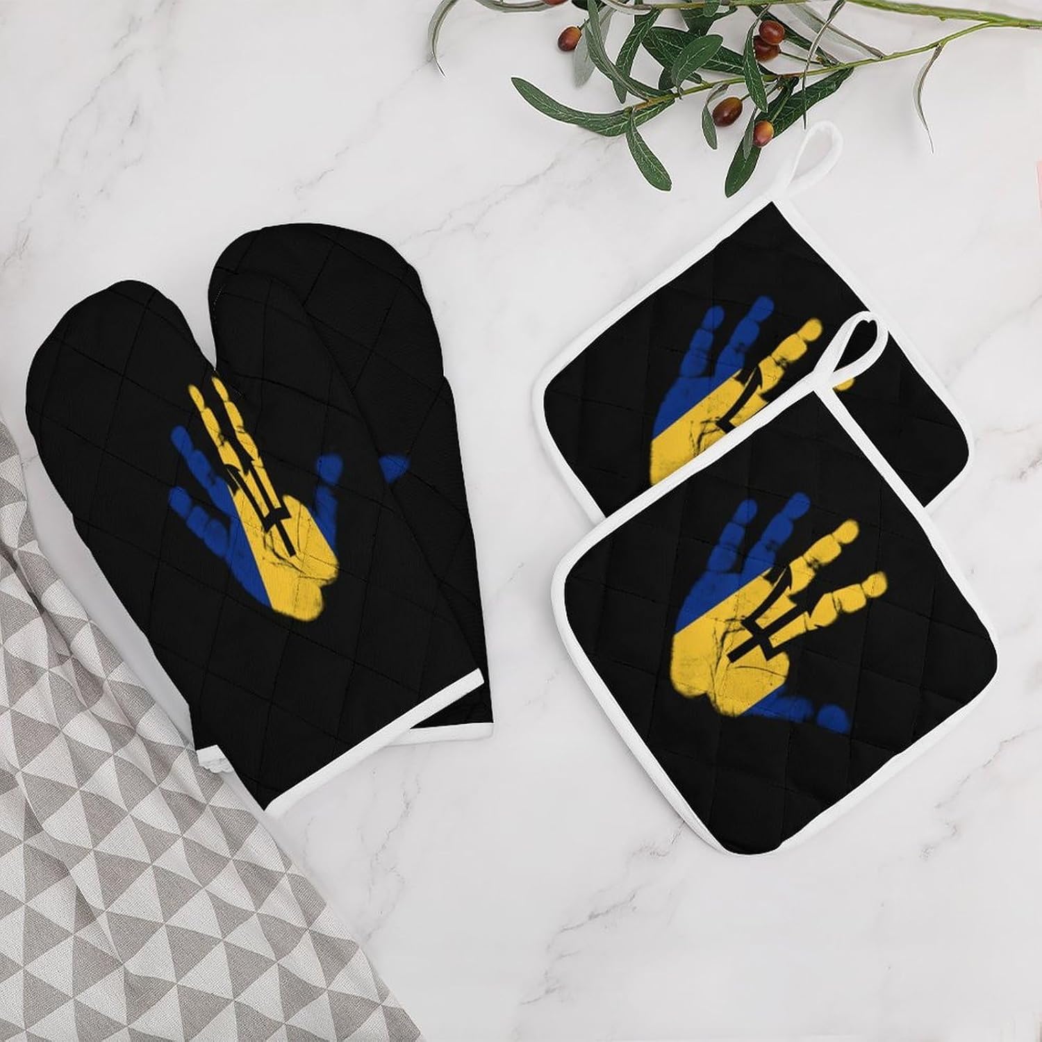 Barbados Flag Plam Print Oven Mitts and Pot Holders 4Pcs Set Heat Resistant Cooking Mitts Hot Pads