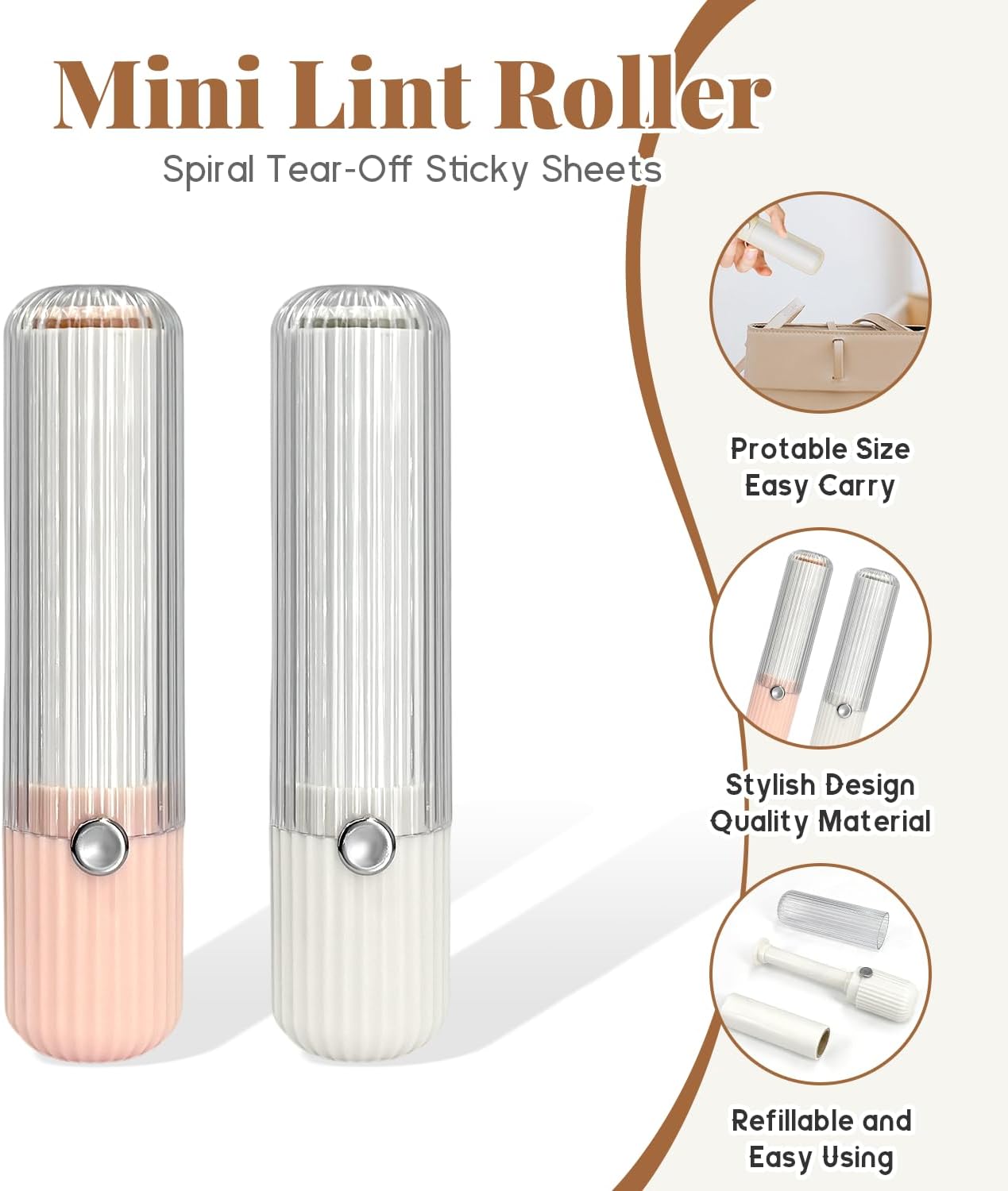 2 PCS Mini Lint Roller with 6 Roller Refills - Reusable Portable Lint Remover for Clothes, Furniture, Pet Hair - Travel Essentials Household Use(Pink & White)