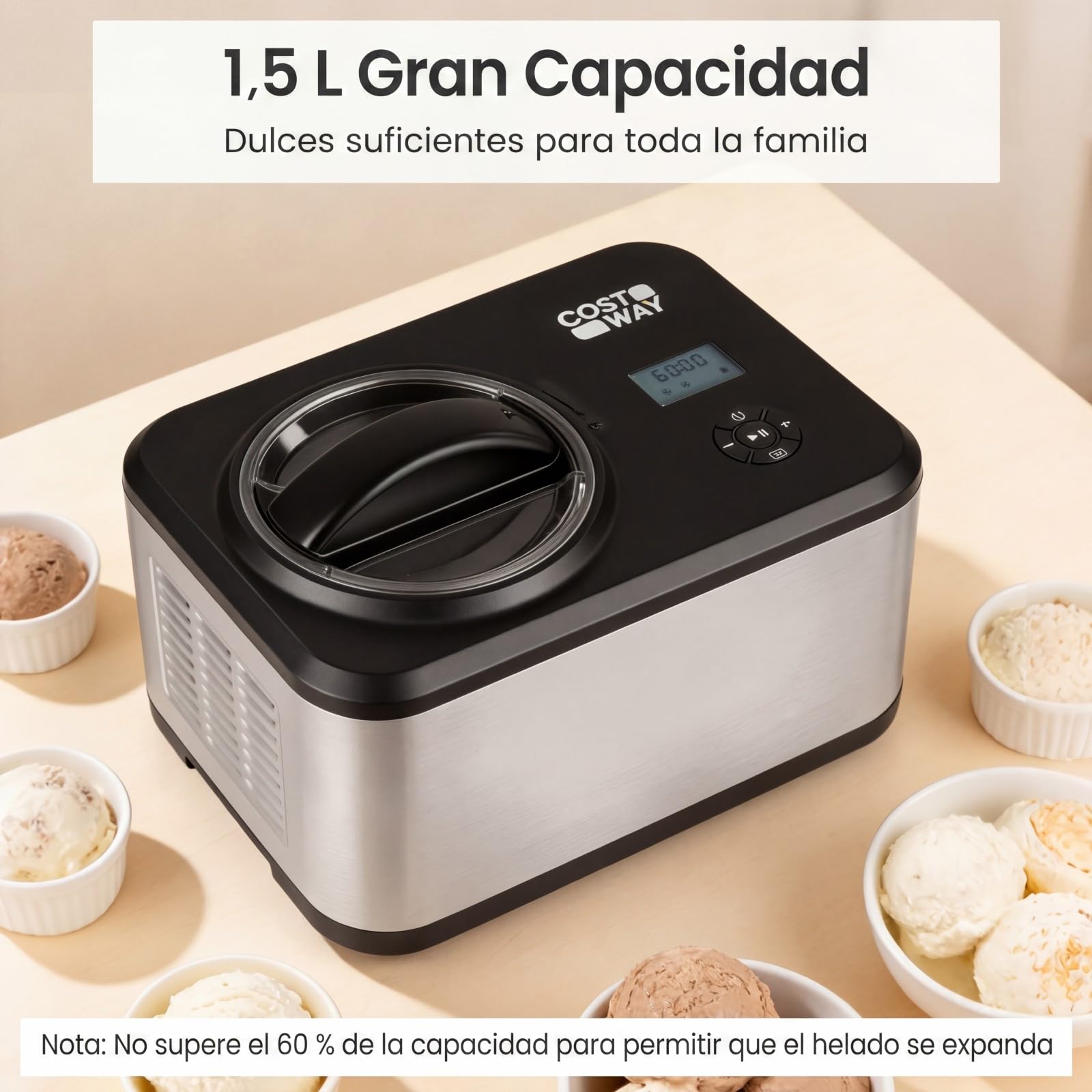 COSTWAY Máquina de Helados 1,5 L, Heladera de Acero Inoxidable Casera con Compresor Integrado, 4 Modos, Pantalla LCD, Función Temporizador, Máquina para Hacer Helado Gelato Sorbete Yogur para Hogar