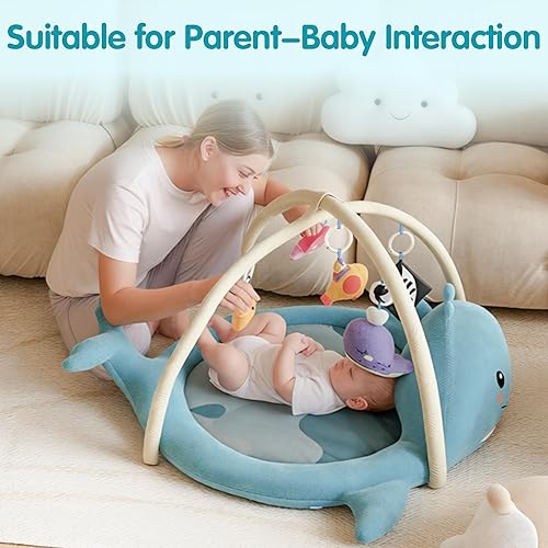 Miniatura 3 de Tapete de juego para bebé, tapete de ballena con juguetes, gimnasio de actividades para bebés de 0 a 12 meses, tapete sensorial 100% algodón para