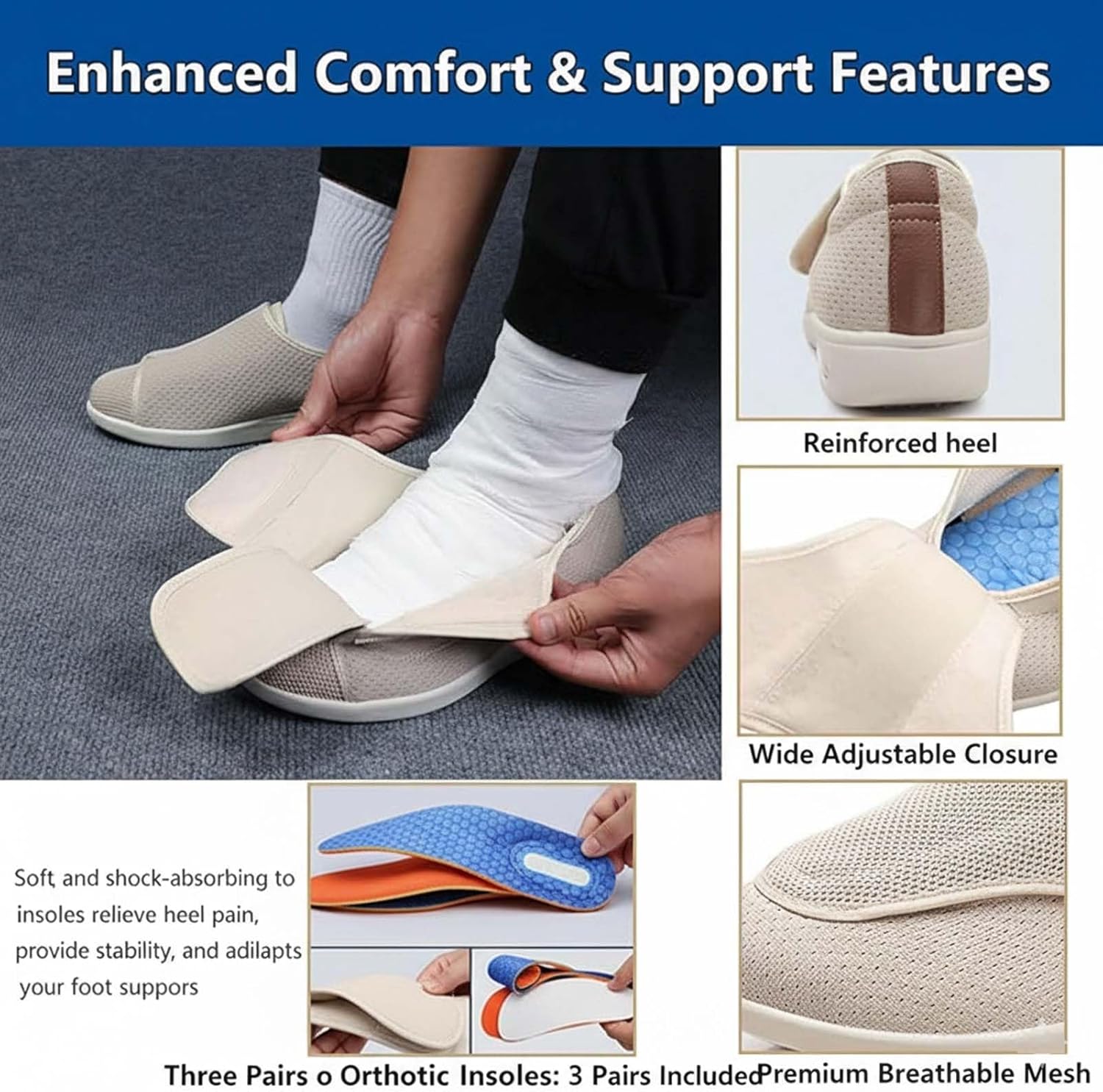 Diabetic Shoes, Lightweight Walking Sneakers, Comfortable Shoes, Adjustable Breathable Walking Sneakers, Comfy Casual Slippers, for Swollen Feet, Edema