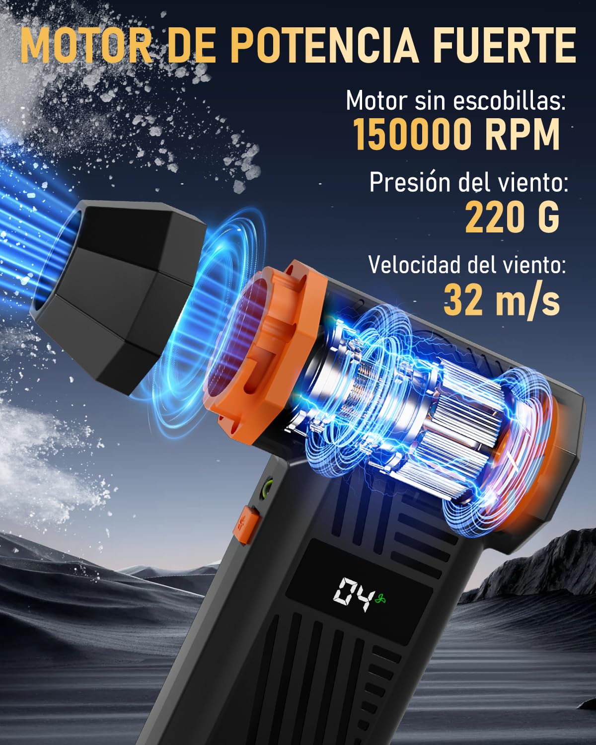 GLAM Soplador de Aire Potente con luz LED, 150000RPM 4 Velocidades Air Duster Soplador de Aire Eléctrico con Pantalla LED, para Teclado, Ordenador, Electrónica y Coche