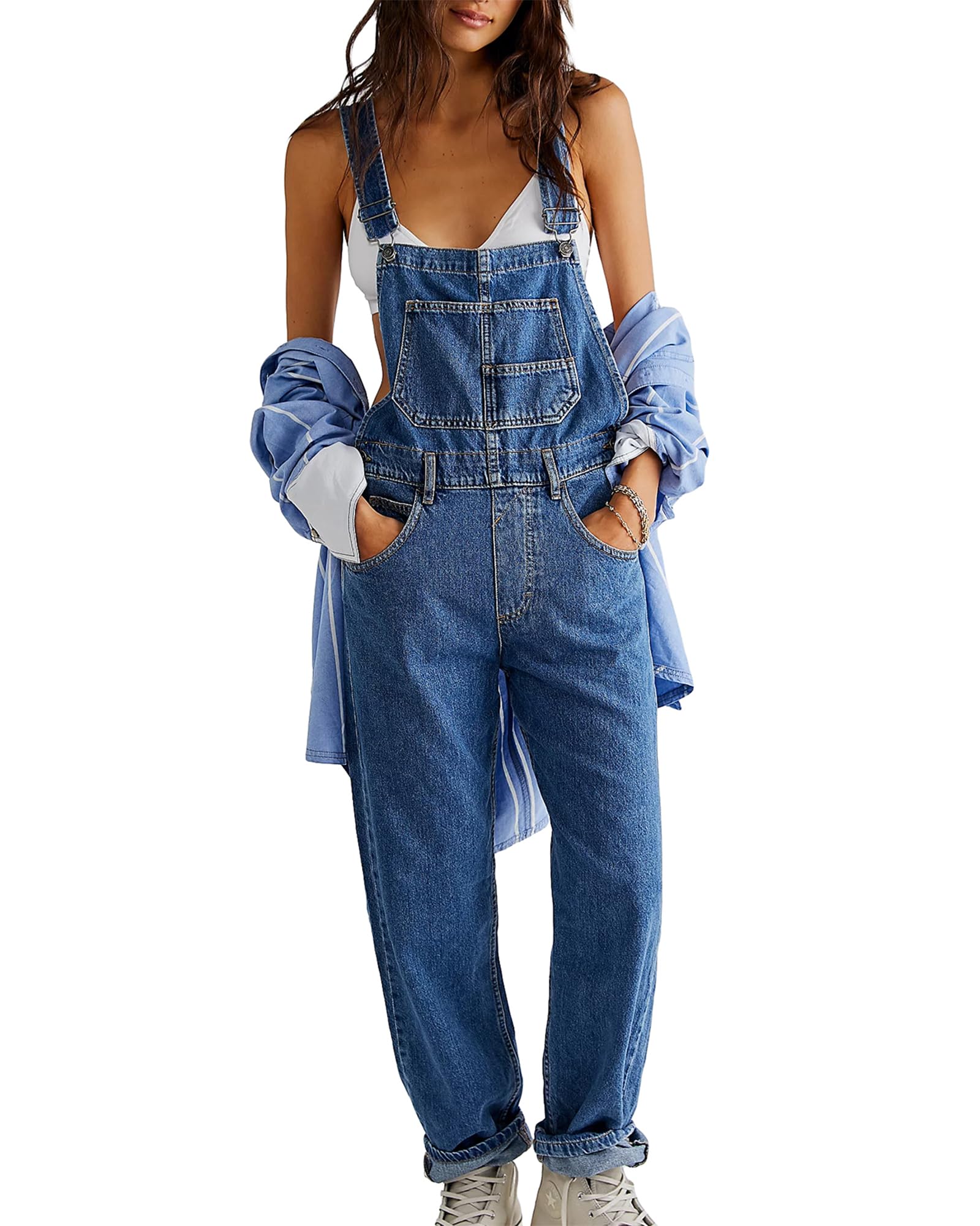 Salopette en jean pour femme avec bretelles réglables, jambes larges, pantalon à bretelles larges, salopette d'été ample avec poches