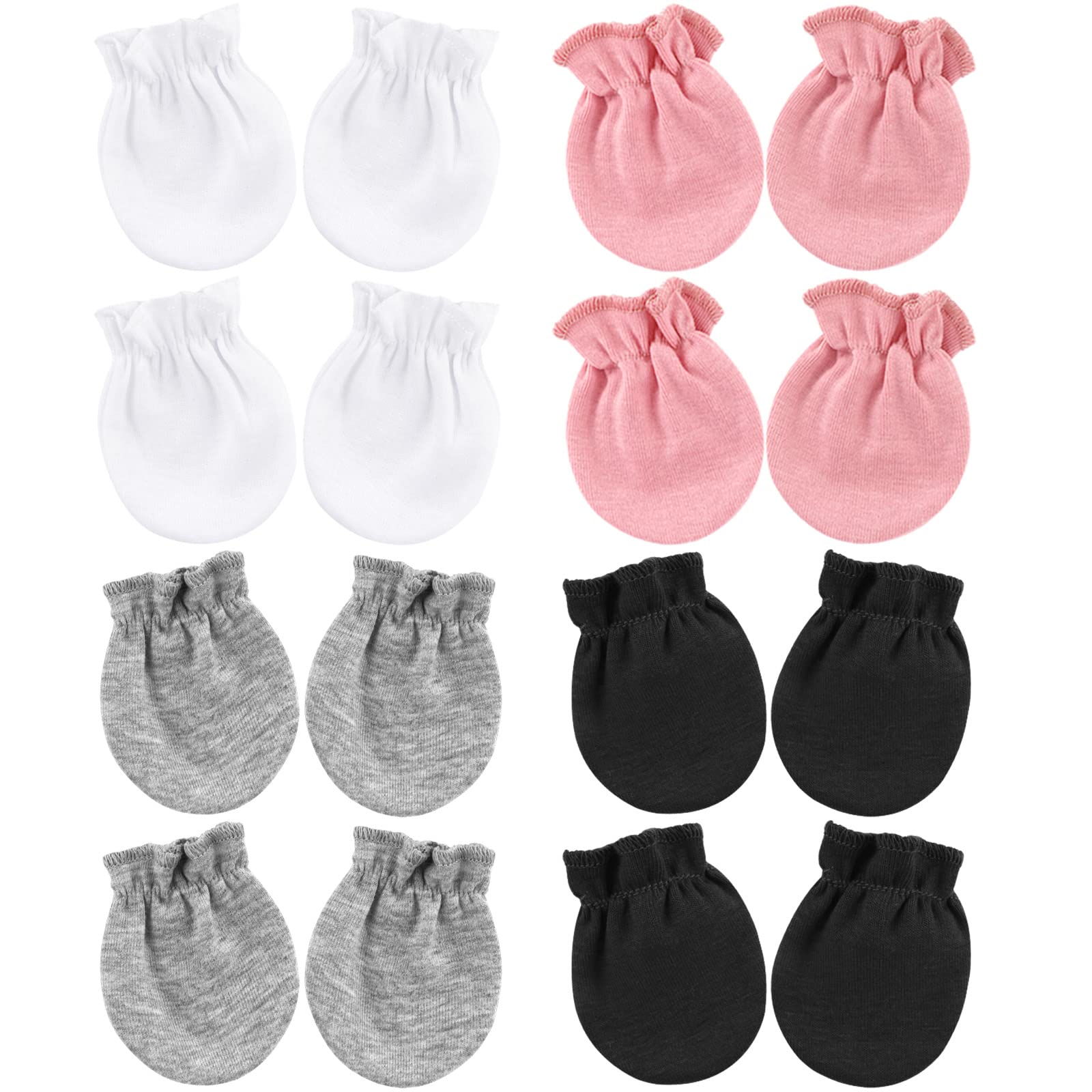 BQUBO Newborn Infant Toddler Mittens No Scratch Cotton Elastic Wrist Gloves Hypoallergenic for 0-6 Months Baby Boys Girls 8 Pairs: White, Light Gray, Pink, Black
