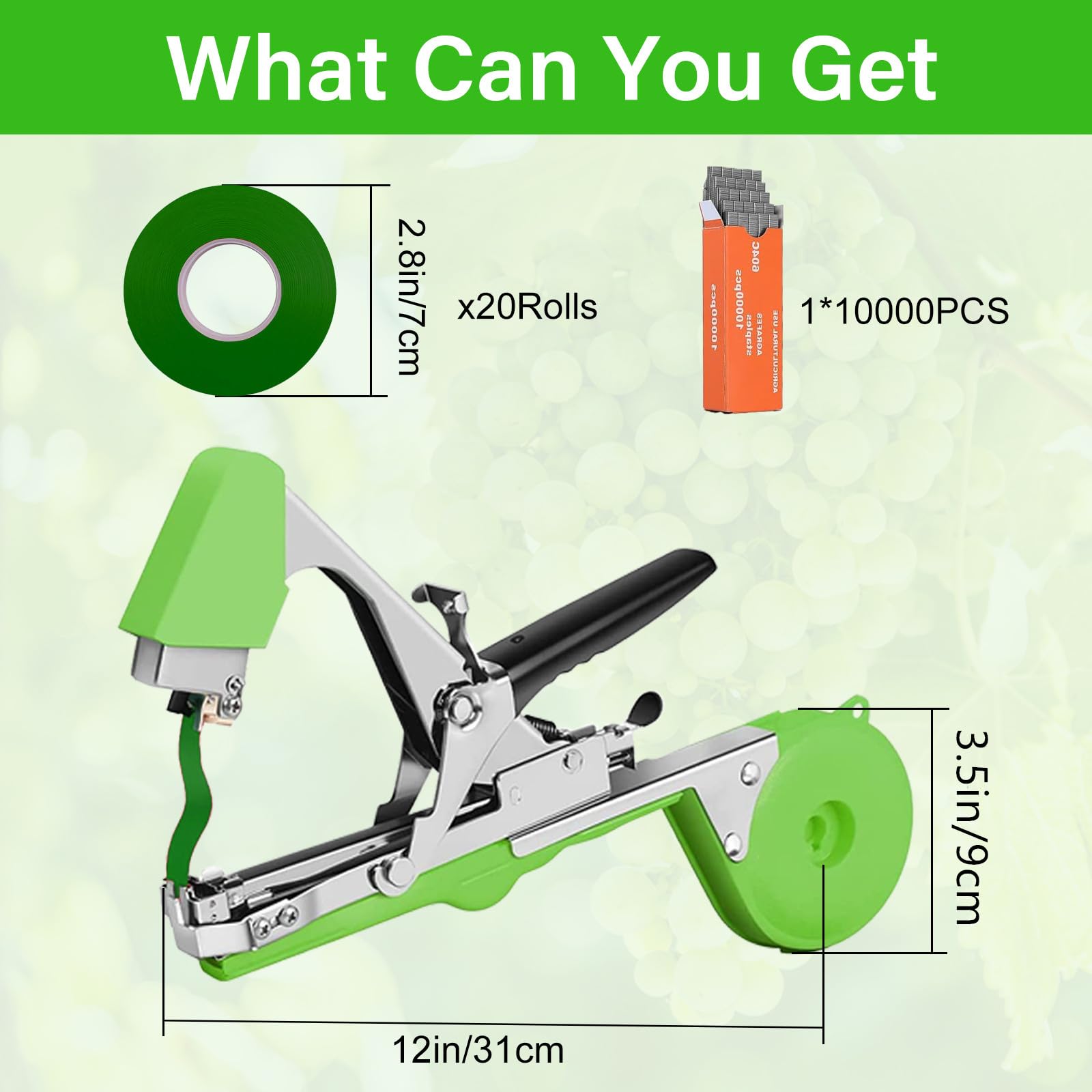 Maquina para Atar Plantas, Herramienta de Cinta de Jardín para Atar Ramas de Plantas, Atadora Agricola para Atadora de Tomates Fruta Flores Vegetales con 20 Rollos de Cinta Verde para Arboles