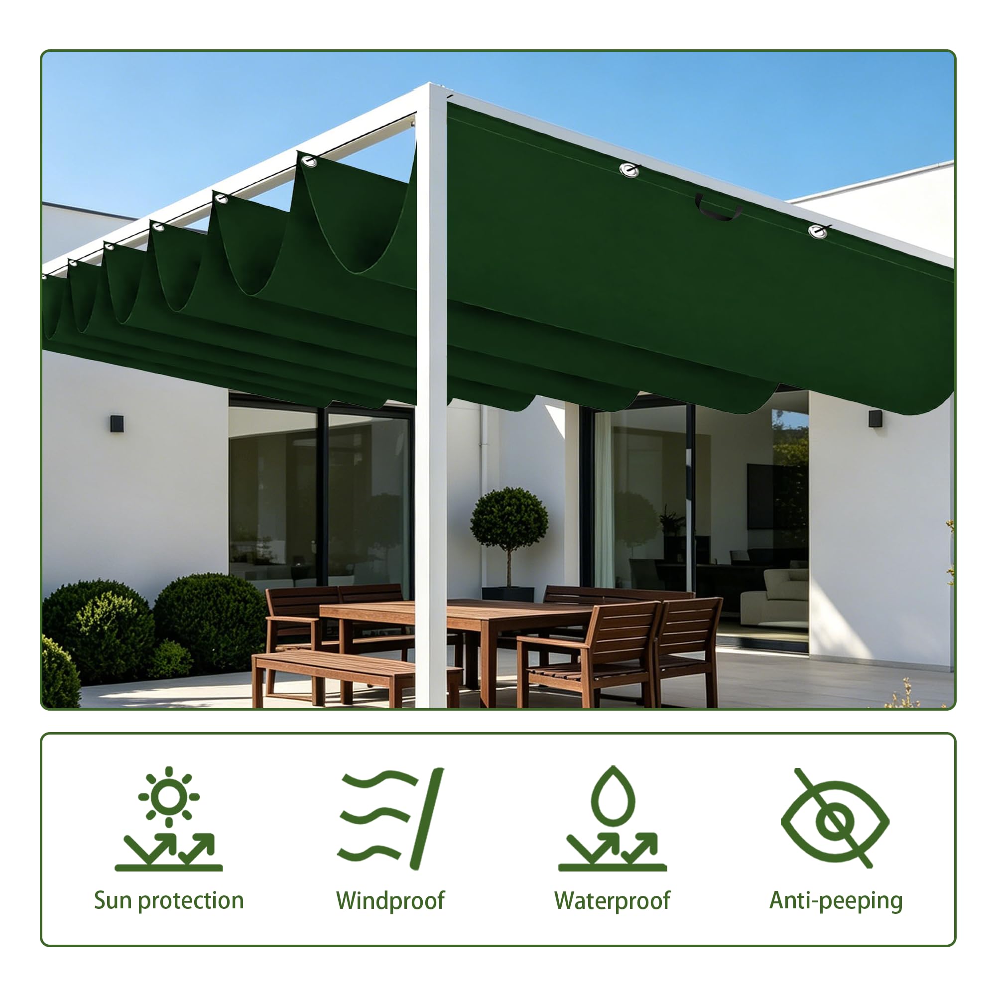 Vela Parasole a Onda Retrattile 300 x 320 cm Senza Foratura Vela Ombreggiante a Onda Retrattile Resistente Agli Strappi per Terrazza, Pergola, Veranda, Giardino, Verde Scuro