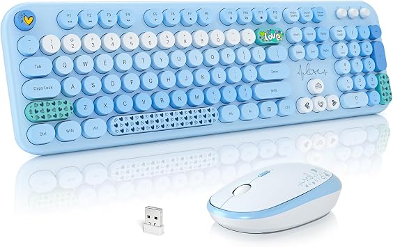 MOFII Wireless Keyboard and Mouse Combo, Cute Keyboard Full Size and Wireless Mouse, 2.4GHz Retro Typewriter Keyboard Mouse Set for PC/Desktop/Laptop/Windows Blue Colorful