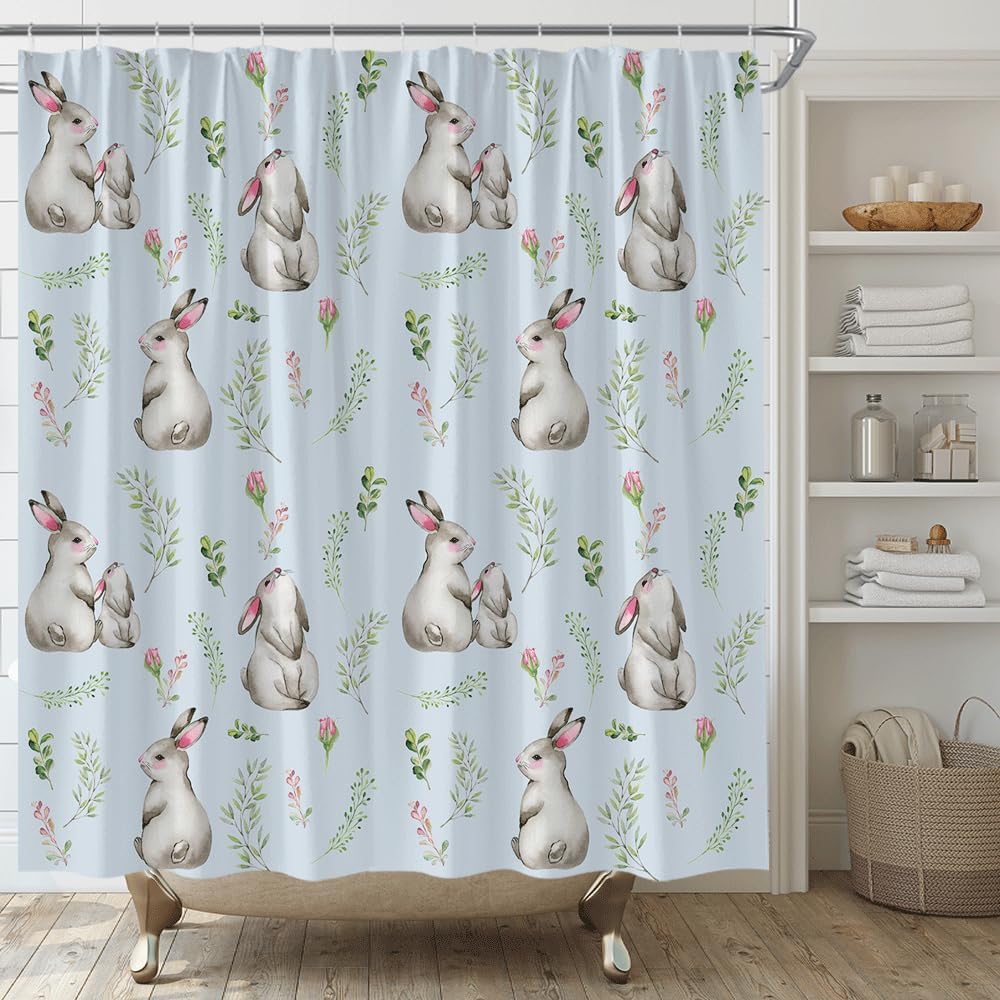 AMFD Happy Easter Shower Curtain Funny Rabbit Watercolor Floral Green Leaves Spring Garden Farmhouse Festival Rustic Bathroom Curtains Decor Polyester Fabric Include Hooks,(70" Wx74.8 H)