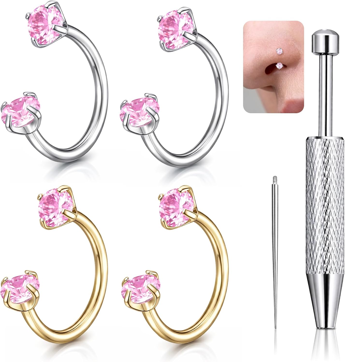 6PCS 18G Horseshoe Nose Ring for Women, Stainless Steel Anti-Sensitive Nose Ring Hoop, Double Gem Horse Shoe Noses Rings for Ear Cartilage, Auricle, Tragus, Lip Studs, Noses Stud, etc. Tools Included