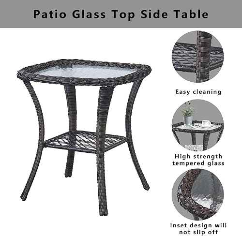 Miniatura 8 de Belord Mesa auxiliar de ratán para patio, mesa de mimbre tejida a mano de 2 niveles, mesa cuadrada con tapa de vidrio esmerilado de 0.197 in, mimbre