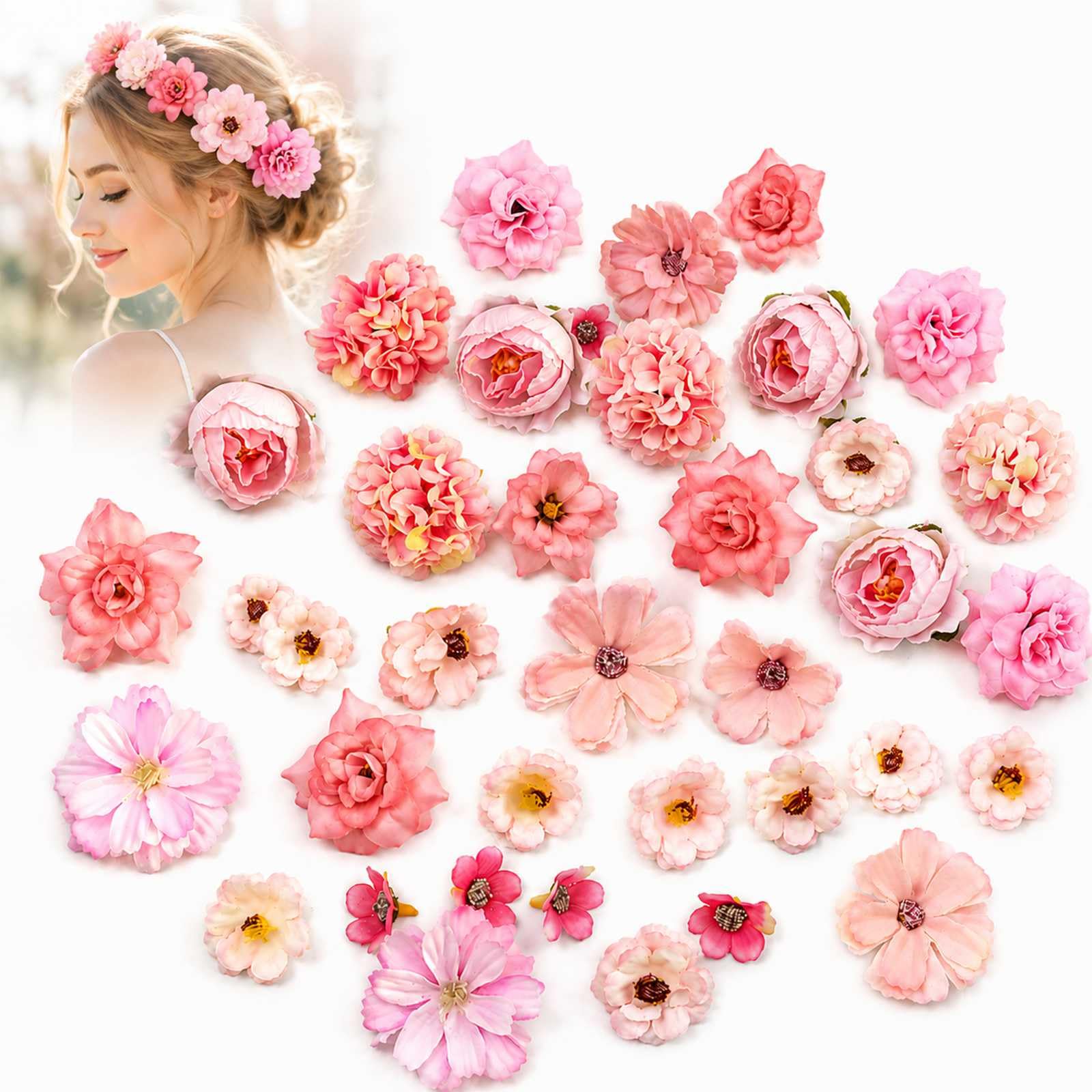 WHJYCC 50PCS Small Faux Flower Heads with Realistic Silk Finish - Mini Rose and Daisy Blooms for Wedding Cake Decorations, DIY Craft Projects, Bridal Party Decor and Home Gift Wrapping (Pink Mix)