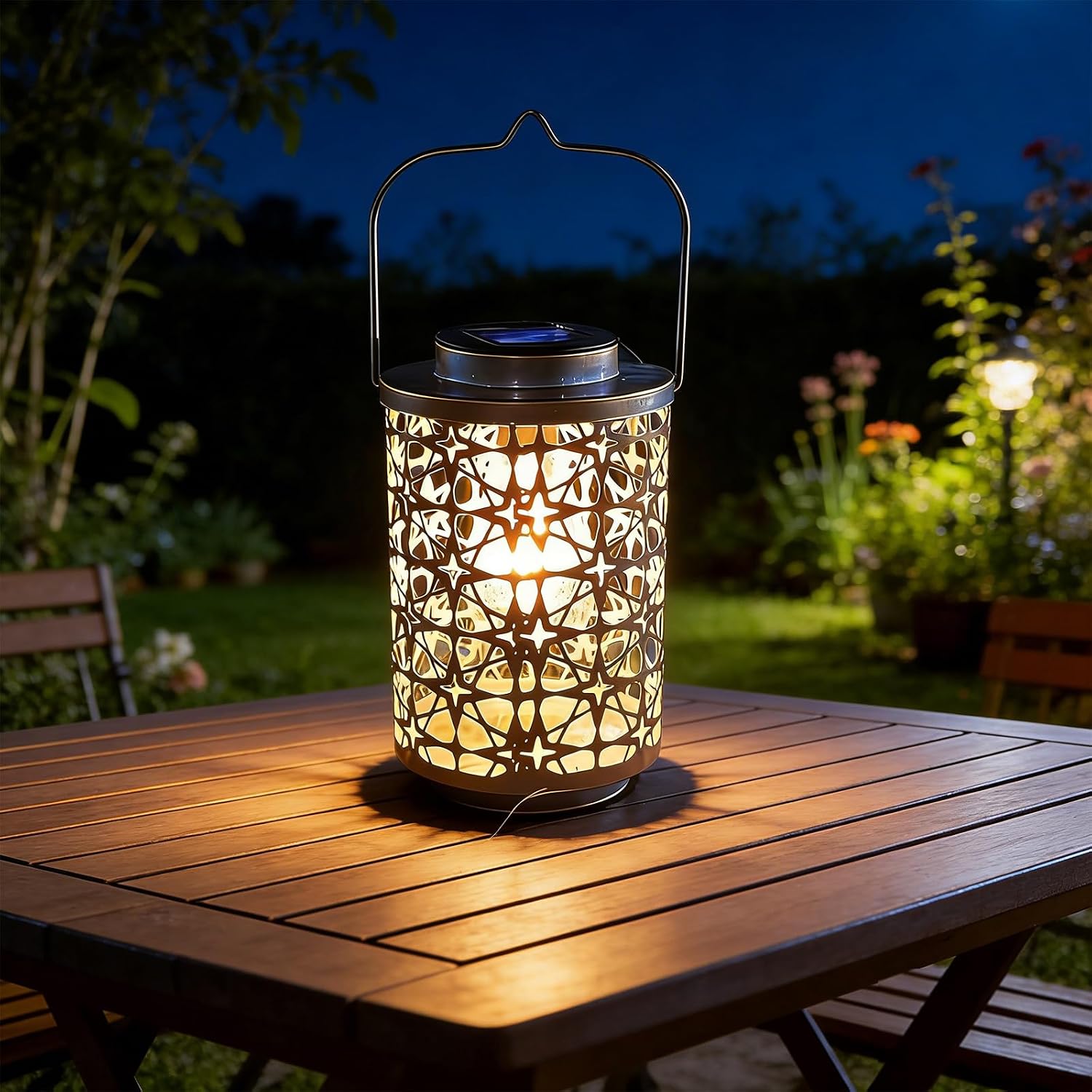 XVZ Solar Lantern for Outdoor Hanging – Weatherproof Garden Decoration with Large LED Bulb, Star Metal Solar Lanterns for Balcony, Garden, Lawn, Patio Decoration (Gold)