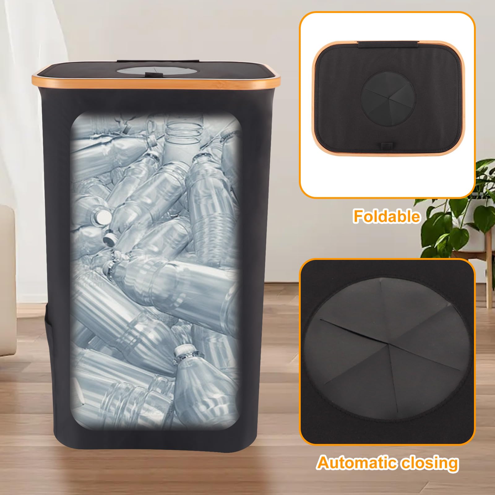 Flaschen Organizer für Pfand 105L, Faltbar Pfandflaschen Sammelbehälter Box mit Deckel und Abnehmbarer Tragetasche Leergut Aufbewahrung, Wasserdicht Pfandbehälter mit Loch für Küche (Schwarz)