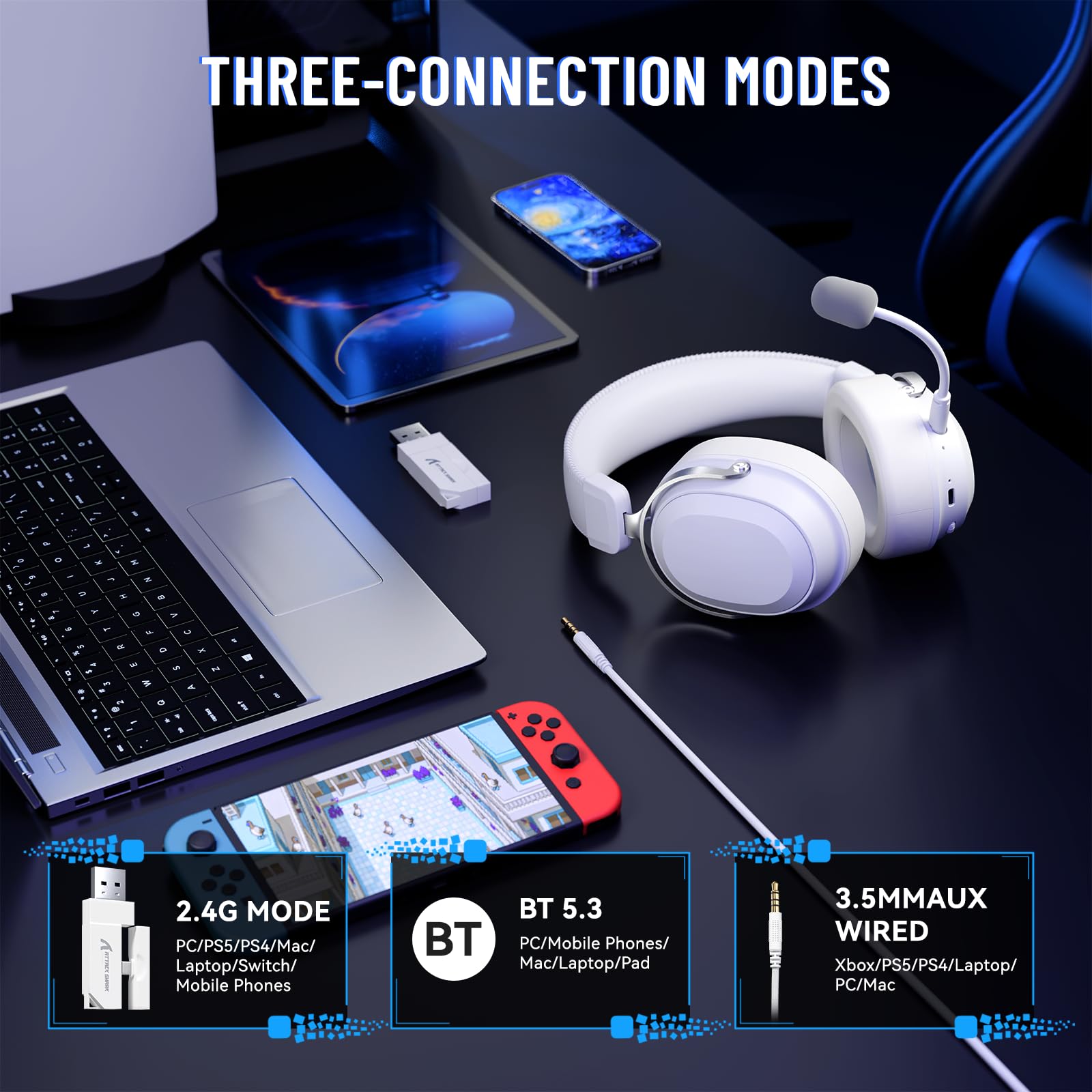 ATTACK SHARK L30PRO Wireless Gaming Headset, 7.1 Surround Sound 50mm Bio-Treiber, 3-Modus 2.4G/BT 5.3/Kabelgebundene Kopfhörer mit Abnehmbarem Mikrofon für PC/PS/Switch, 84H Spielzeit-Weiß