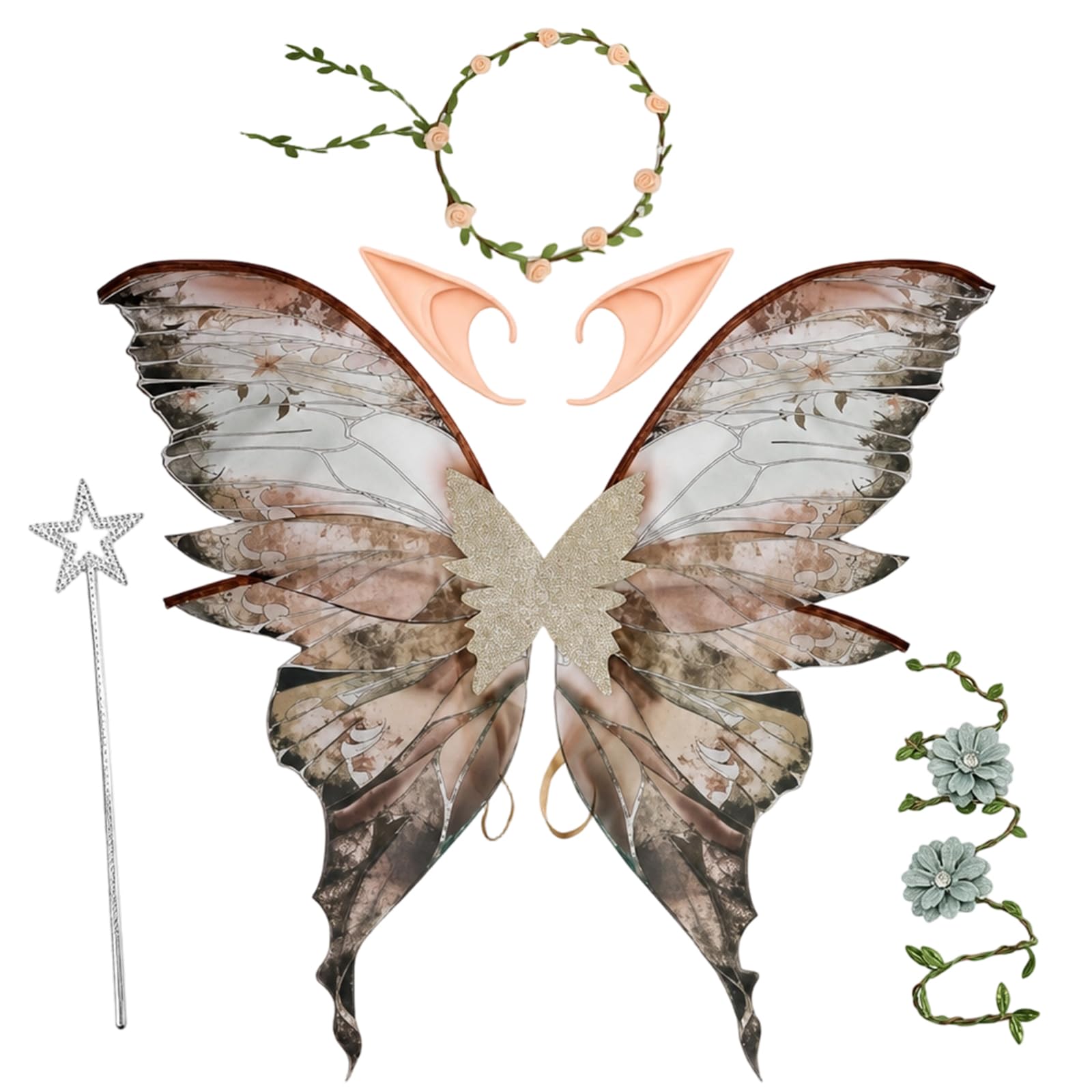 Fairy Wings, Elf Ears Bracelets Flower Wreaths Wands for Halloween Cosplay