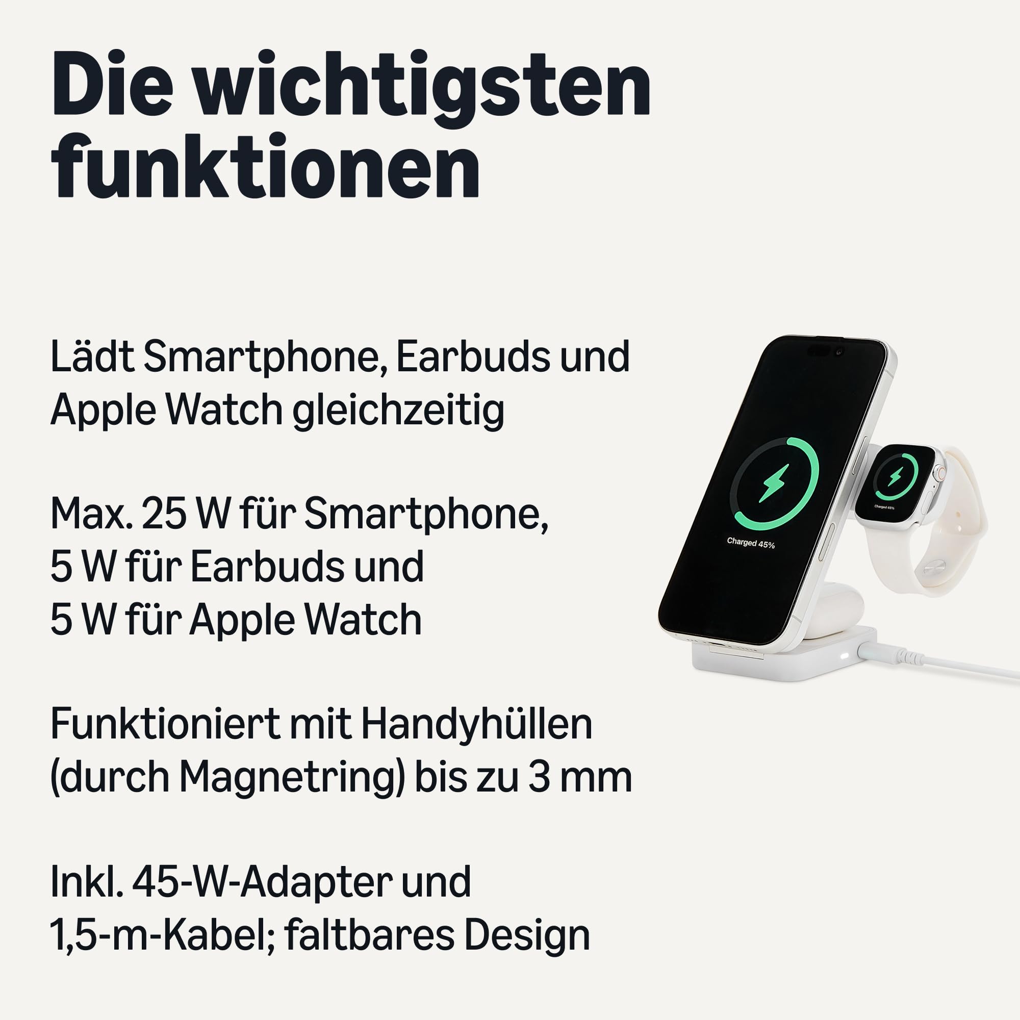 Amazon Basics Qi2.2-zertifizierte kabellose 3-in-1-Ladestation, MagSafe-kompatibler Faltbarer Ständer für iPhone 17/16/15/14/13/12, Apple Watch, AirPods, mit 45-W-Adapter, weiß