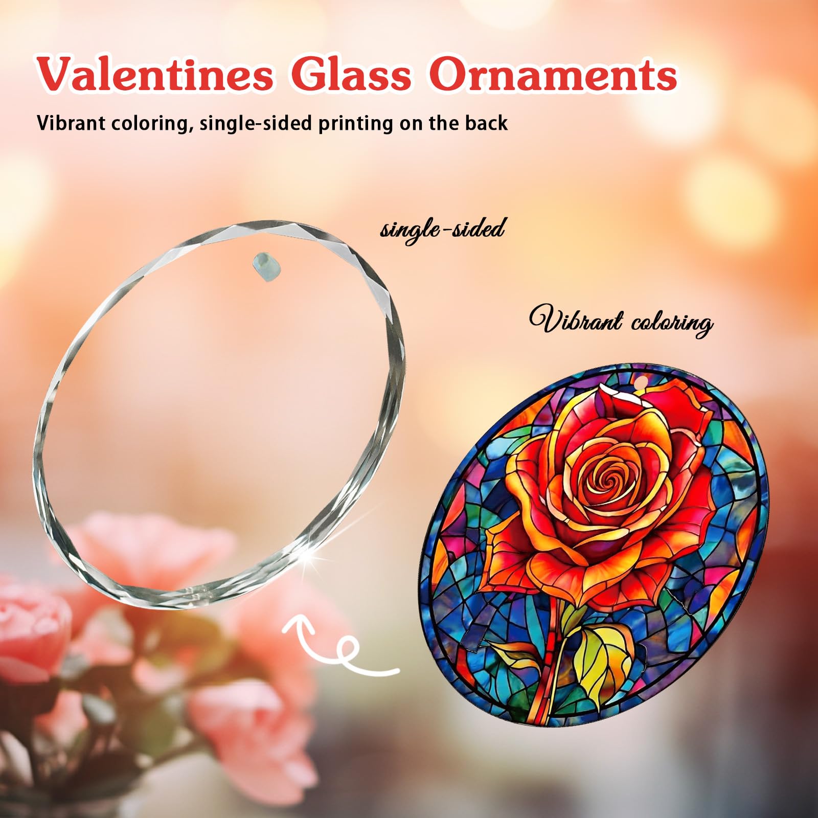 FLYAB Red Rose Valentines Day Gifts for Girlfriend Her Wife Women - Flower Valentine Ornaments for Tree Deorations, Glass Red Rose Window Suncatcher, Anniversary Wedding Gifts