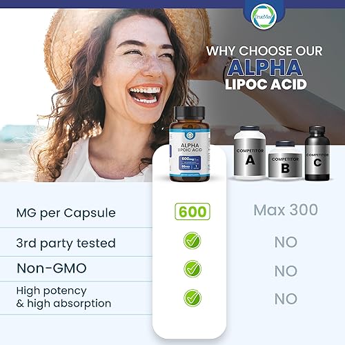 Miniatura 5 de Ácido alfa lipoico 600 mg Suplemento antioxidante de alta potencia para producción de energía, salud celular, apoyo inmunológico, salud de la piel,