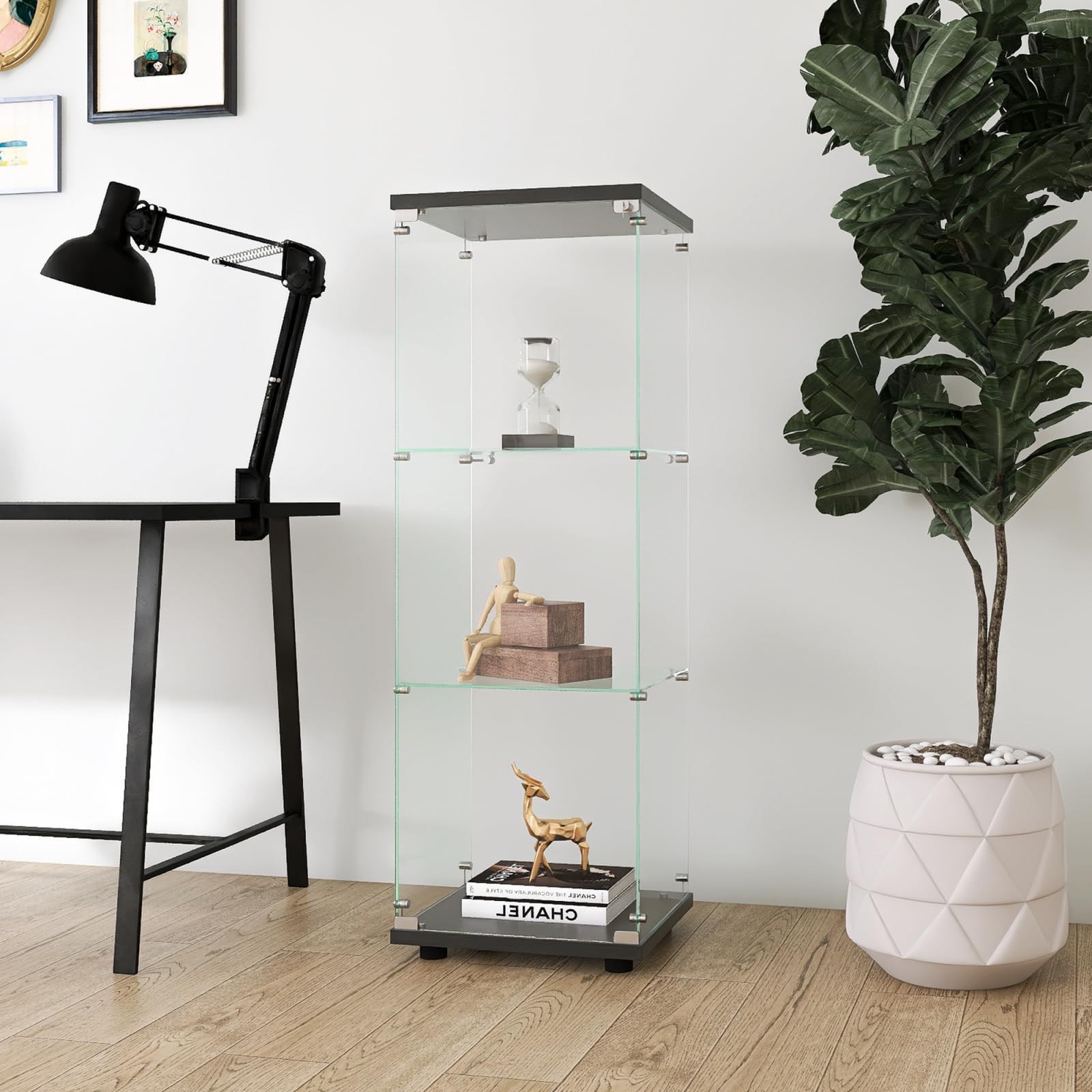 Vitrina de Cristal de 3 Capas,Vitrina expositora con Cerradura para coleccionables,Libros y Vino,Ideal para salón y Oficina,Negro