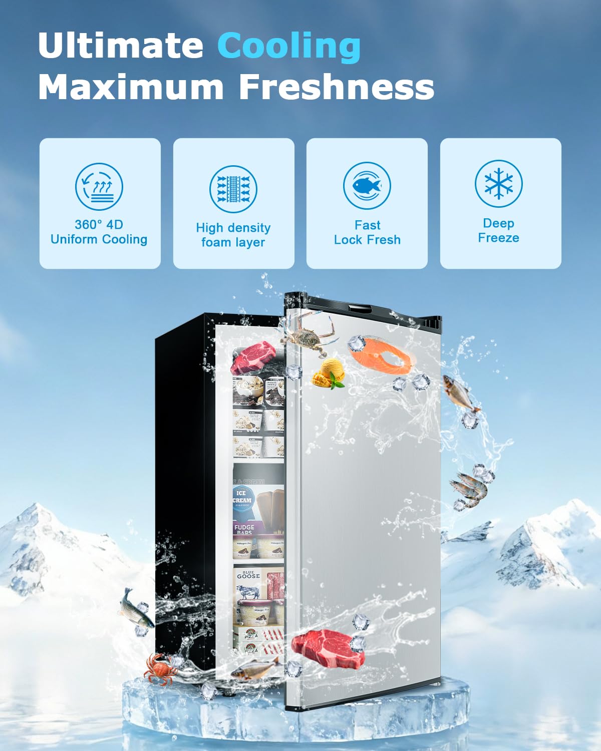 Feelfunn Congelador vertical de 3.0 pies cúbicos - Mini congelador compacto con termostato ajustable de 7 niveles, estantes removibles, puerta individual reversible, congelador pequeño de