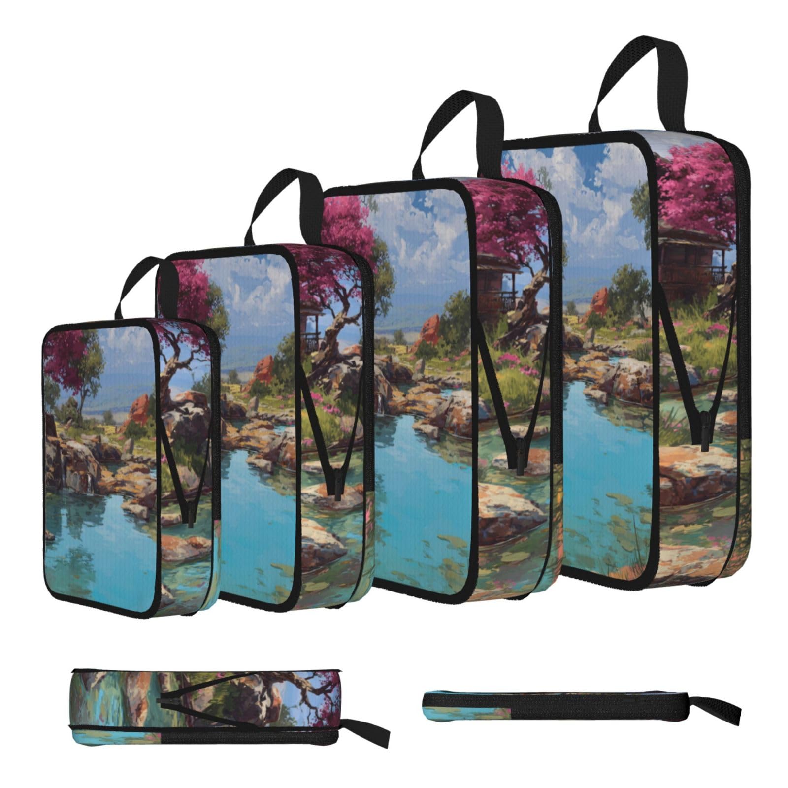 Hot Spring Scenery Print 4 Set Compression Packing Cubes For Suitcases,Expandable Storage Bags Organizers
