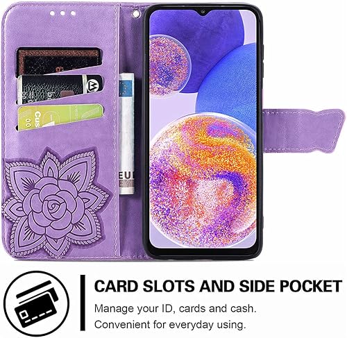Miniatura 10 de MEUPZZK Funda para Samsung Galaxy A23, Samsung A23 4G5G, piel sintética de alta calidad con diseño de flor de mariposa en relieve, función atril,