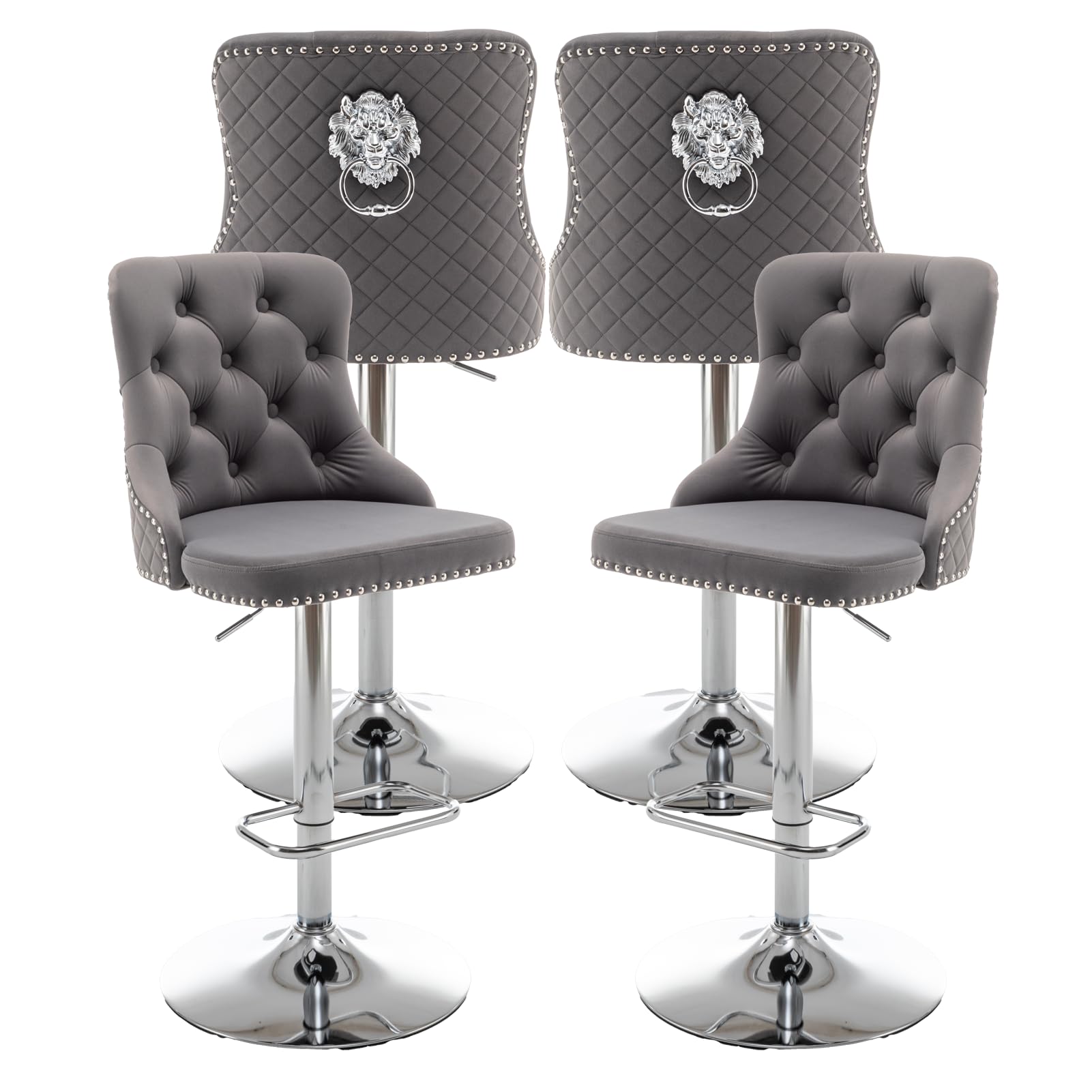 Riknuxi Velvet Bar Stools Set of 4, Counter Height Barstools with Nailheads Trim, Pull Ring, Swivel Bar Stools for Kitchen Island, Bar Pub (Grey)