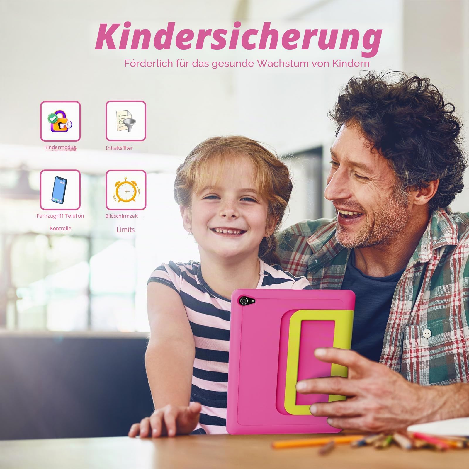 10 Zoll Kinder Tablet mit Hülle, Android Tablet für Kinder 3-12 Jahren, 14GB+64GB (1TB TF Expand), Octa Core CPU, 1280 * 800 HD Display, WiFi 6, BT5.3, Dual Kamera Tablets Tab Pad, Rosa