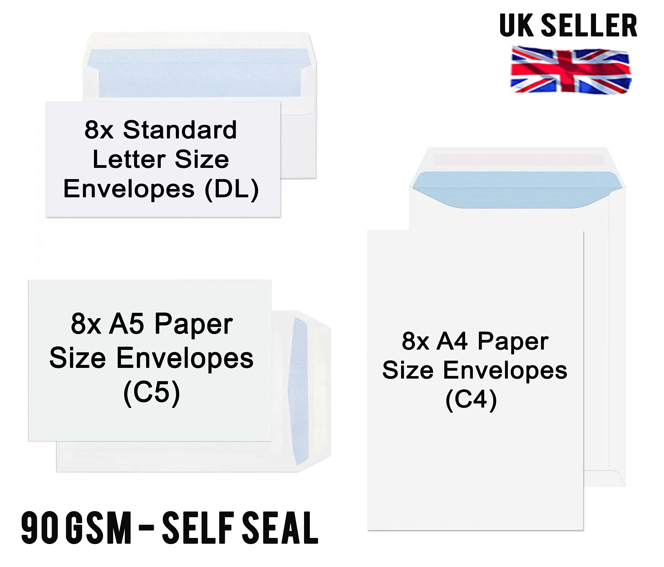 Mixed Size Pack Standard / A5 / A4 No Window SELF Seal Envelopes Plain White DL C5 C4 (8 Standard / 8 A5 / 8 A4 Envelopes) - Image 2