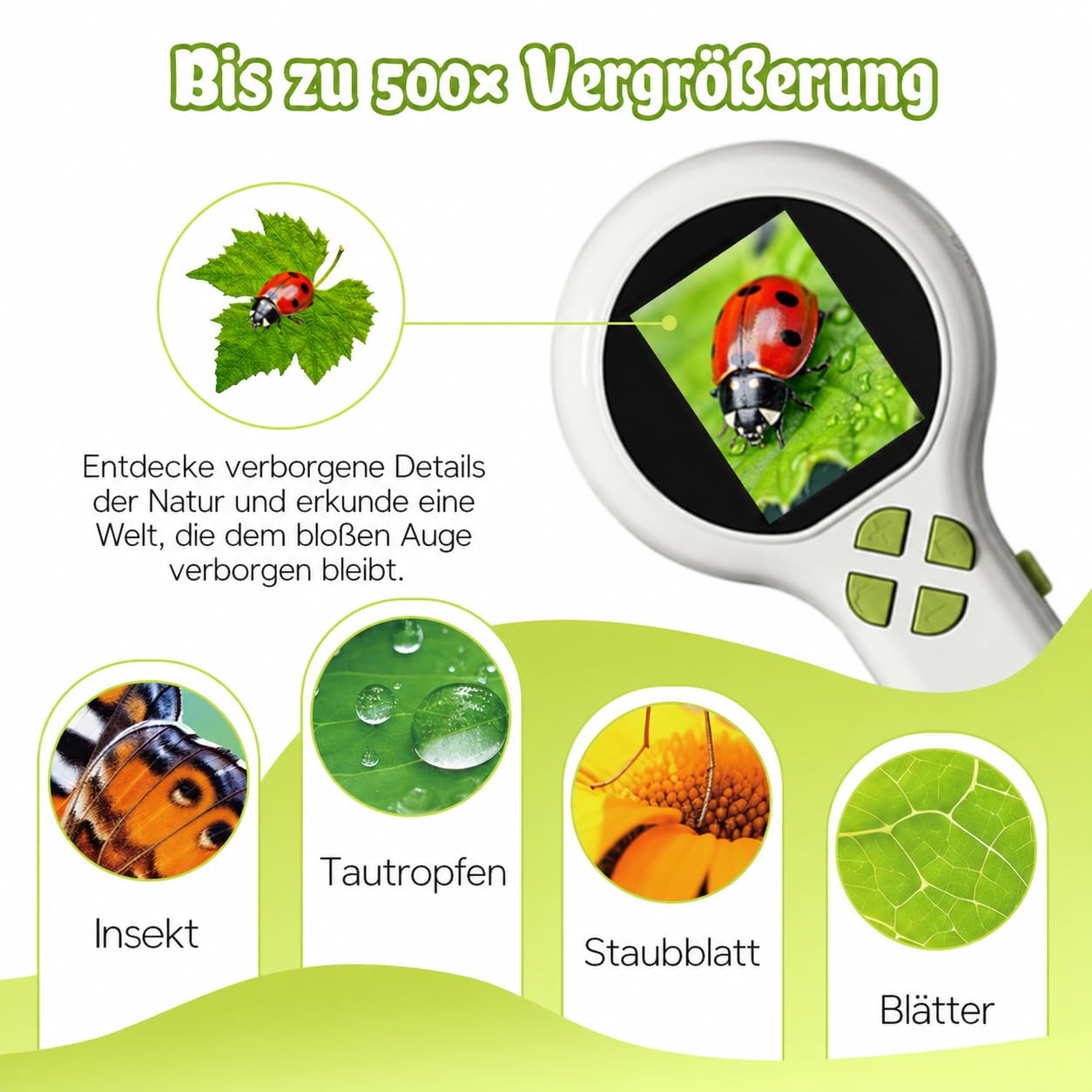 Microscopio per bambini con fotocamera endoscopica, microscopio digitale tascabile 2 in 1 con schermo HD e ingrandimento fino a 500x, foto e video, luce LED, ricaricabile tramite USB