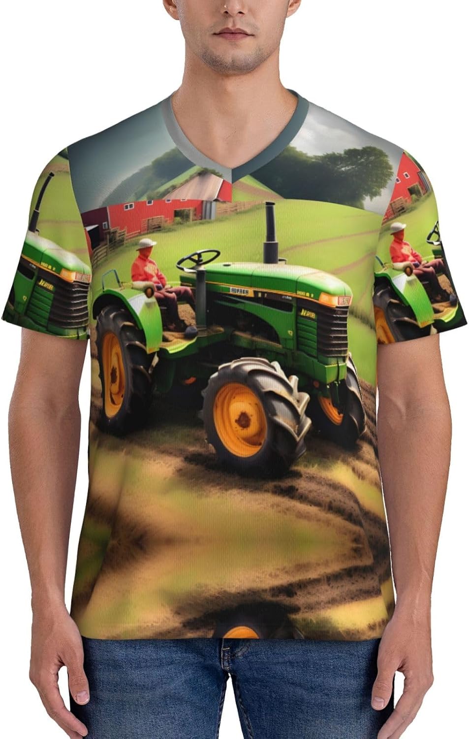 Tractor Farm Pattern Rugby Football Jersey for Men, Comfortable V-Neck Loose Fit Top for Team Sports Athletics