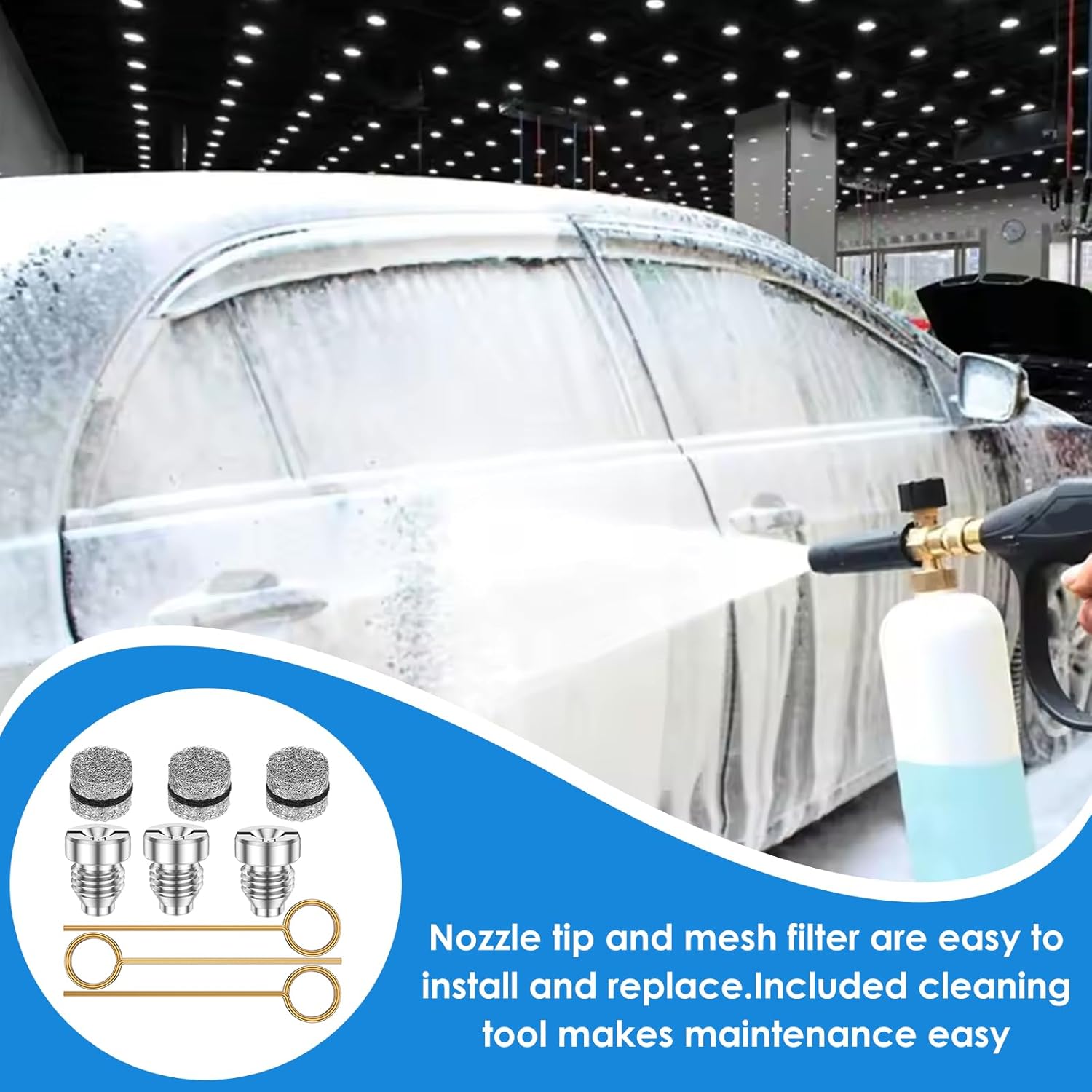 9Pcs Foam Cannon Orifice Nozzle and Foam Maker Meshes Kit, 1.1 mm Thread Nozzle Tip and Mesh Filter Set, Thread Orifice Nozzle Tip Replacement Kit with Cleaning Needle, 4000 PSI (01)